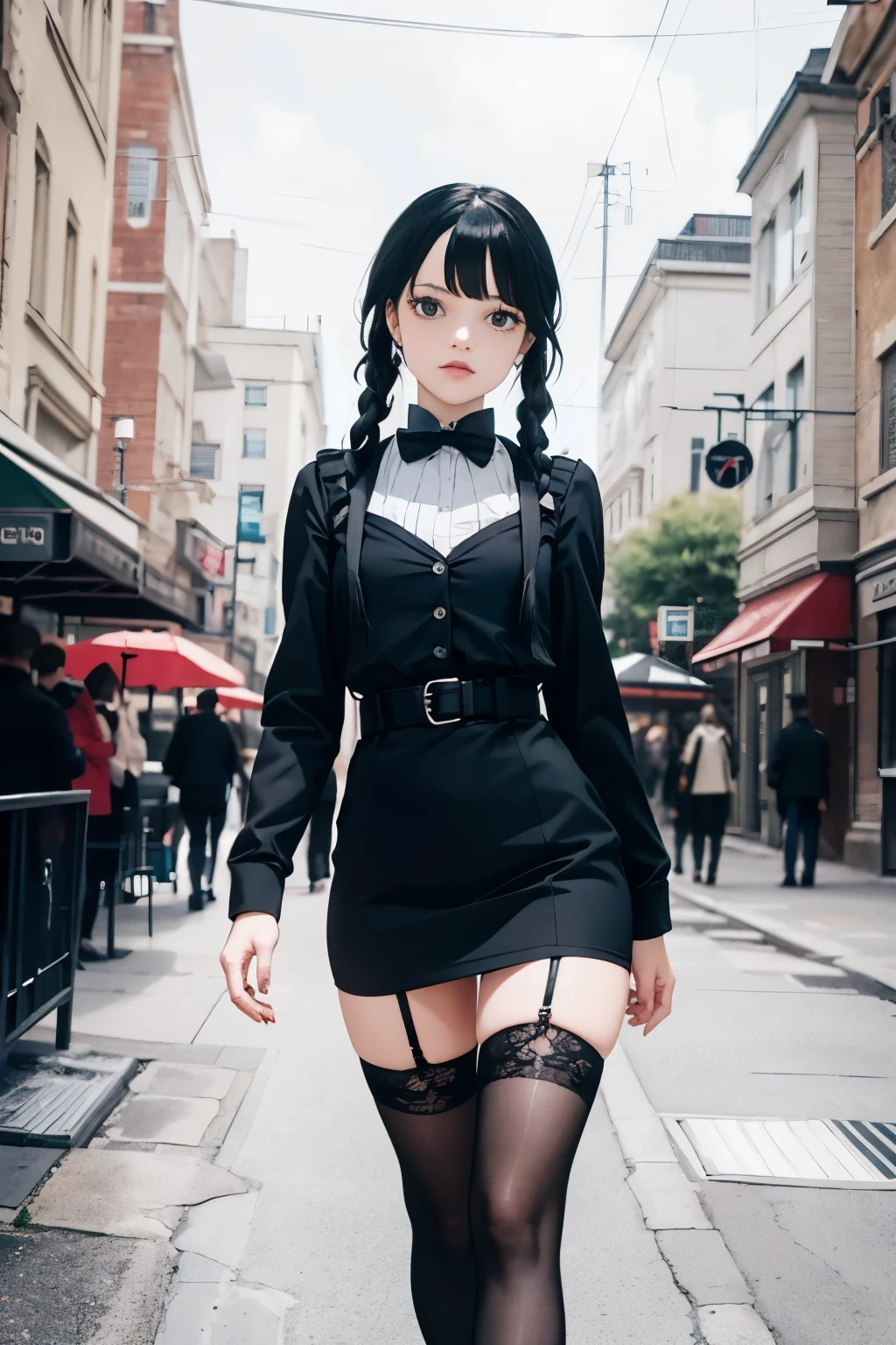 A remarkable fusion of Wednesday Addams and Mavis Dracula, Manny exudes a vintage noir charm. The composition showcases her full-length figure, capturing the essence of Wednesdays classy preppy goth vibe seamlessly blended with Mavis' energetic-goth style from the roaring 1920s. Allow the AI's imagination to conjure a captivating image that brings Manny's unique character to life, with all the artistic styles you have at your disposal. Wednesday Addams, black short tube dress tight , striped thighhighs