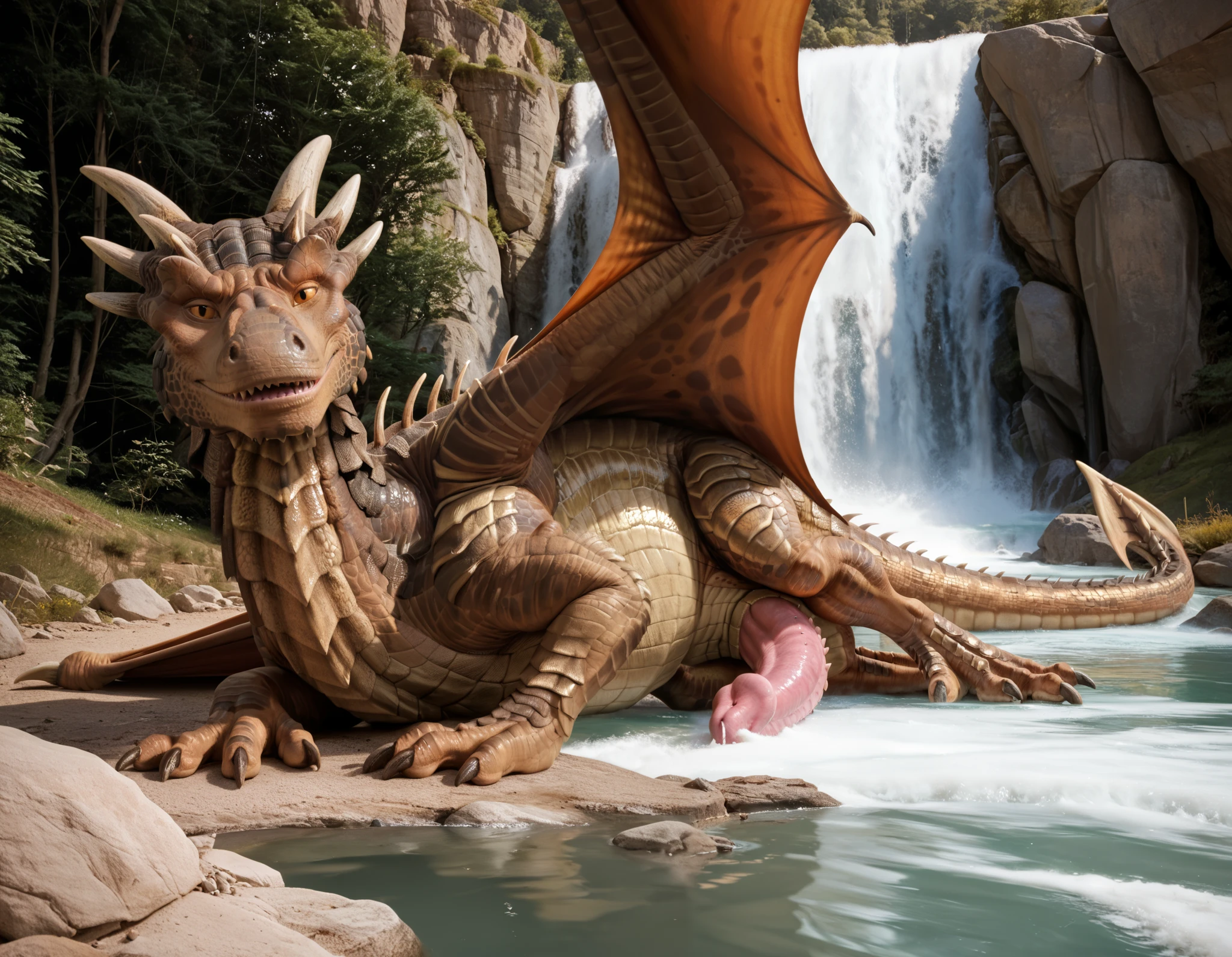 score_9, score_8_up, score_7_up, score_6_up, masterpiece, high quality, realistic, detailed, best quality, solo, rating_safe, source_furry, smiling, seductive, looking at viewer, lying on belly, feet raised, waterfall,, cave, low angle view, ((450ft, big body, giant size)), big penis, pink penis, negative_hand, full body, draco_dh, dragon, brown scales, wings, horns, claws, tail, male, 1boy, feral, yellow sclera