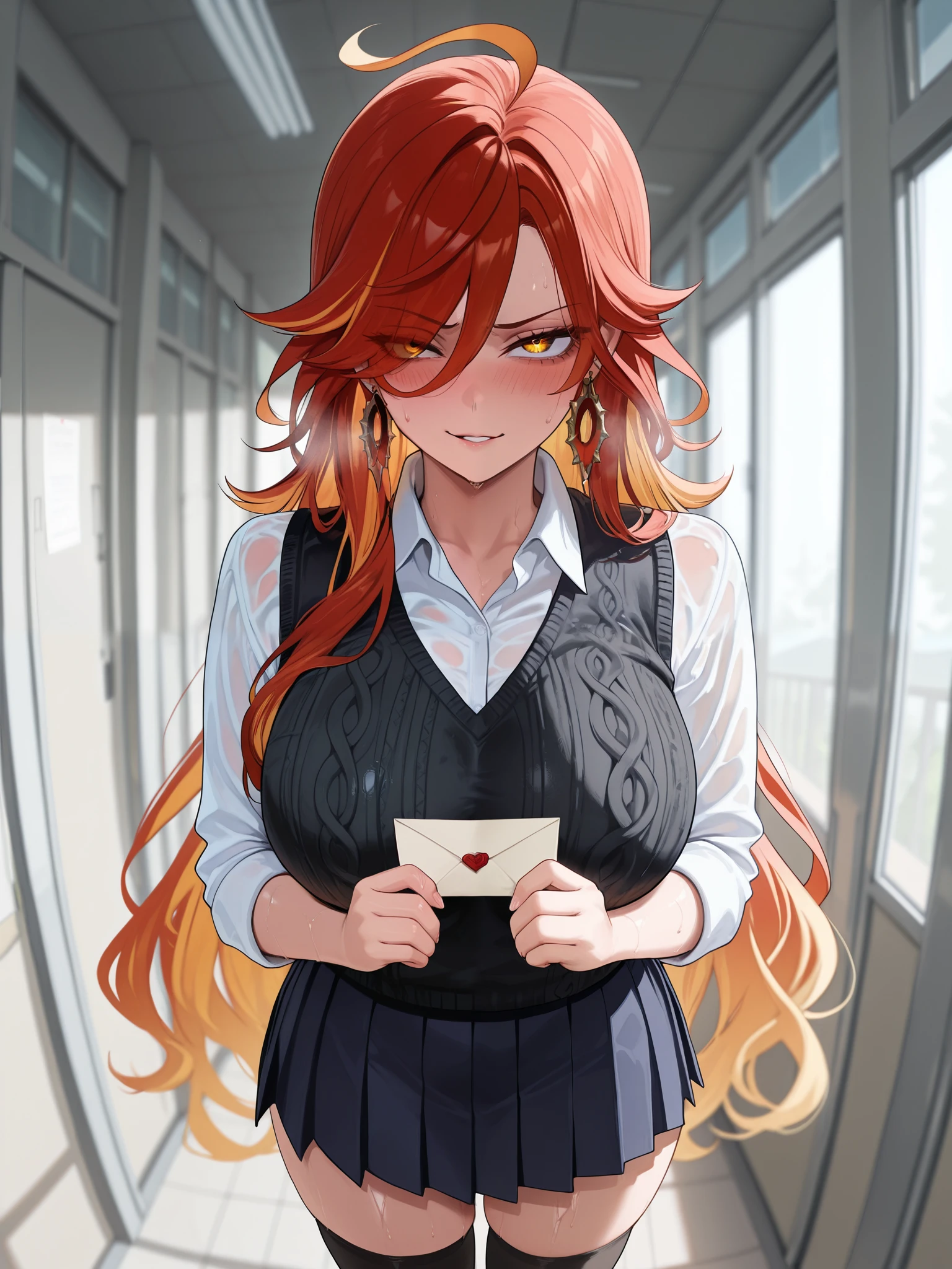 masterpiece,best quality,amazing quality,mavuika, 1girl, solo, alternate costume, black thighhighs, blonde hair, huge breasts, earrings, hair between eyes, hair over one eye, indoors, school corridor, jewelry, large breasts, long hair, multicolored hair, parted lips, red hair, smirking, solo, shirt, white collared shirt, long sleeves, rolled up sleeves, skirt, dark blue skirt, long white loose sock, soaked body, black vest knit, holding a love letter, sweaty body, sweat all over body and clothes, blushing, embarrassed face, eyes on viewer, very long hair, yellow eyes