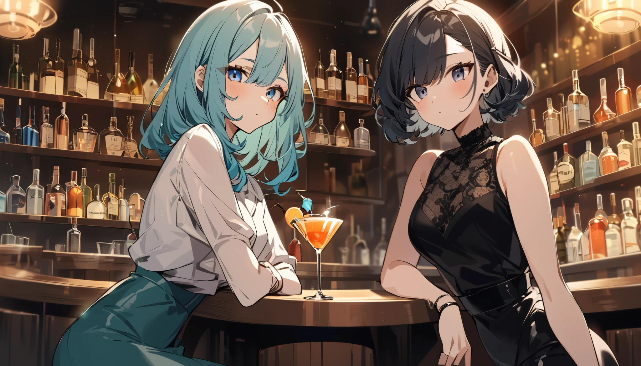 A scene in which a Disney princess-esque character in a gorgeous, deep-hued dress is standing at the counter of a dark, mysterious bar, smiling while holding a chic cocktail. The bar is dimly lit and the elegant lighting accentuates the character, creating an overall mysterious and sophisticated atmosphere