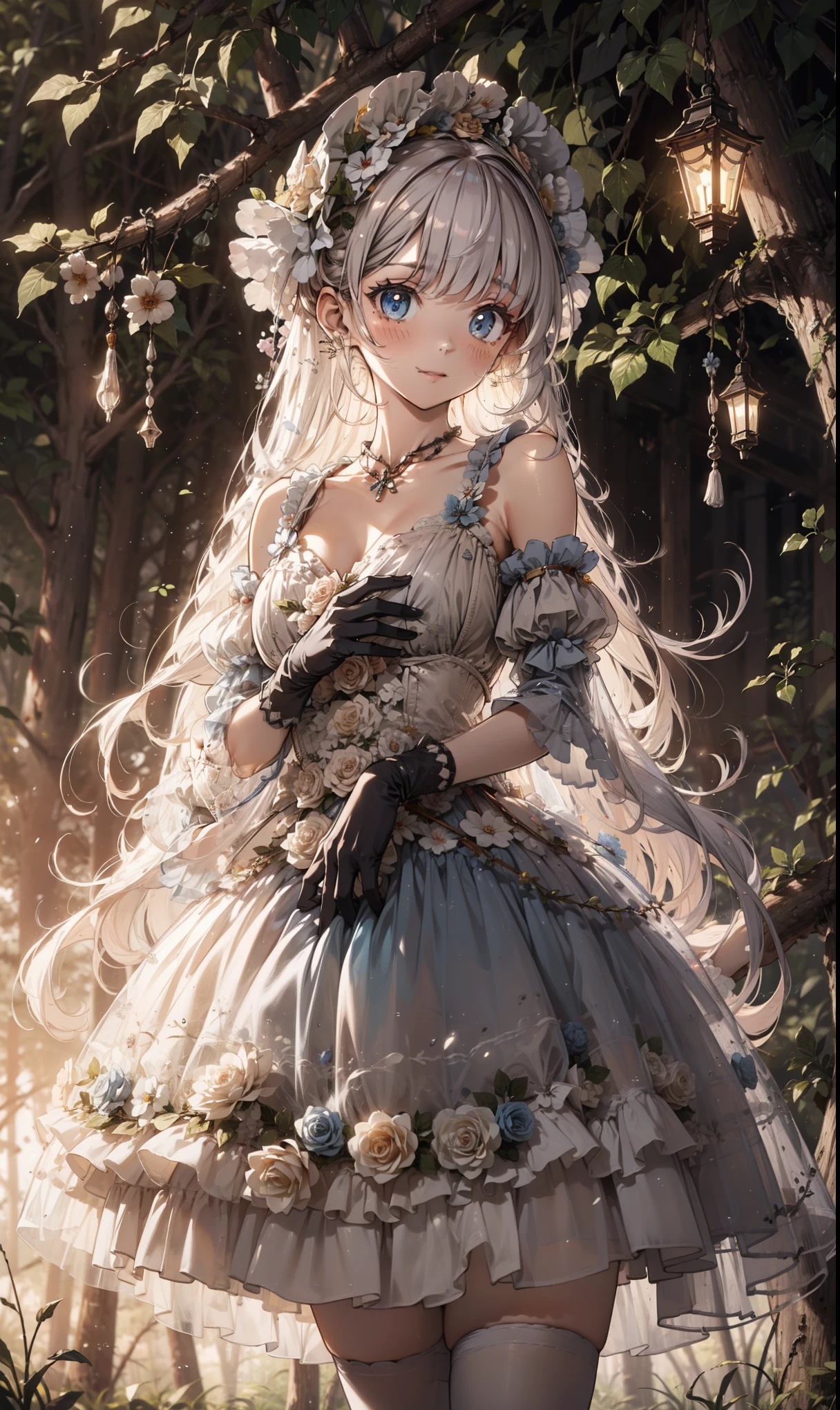 masterpiece, best quality, Super detailed in a humid forest , illustration, 极其精致 Beautiful , 1 girl, unique , Seductive Posture,flower,( Beautiful ,Large target_Chest),Giggles,ta_skirt,nature,flower园, Transparent fabric ,Lace,Puff sleeves, detailed stripes and decorations ,Long gloves,Dusk background