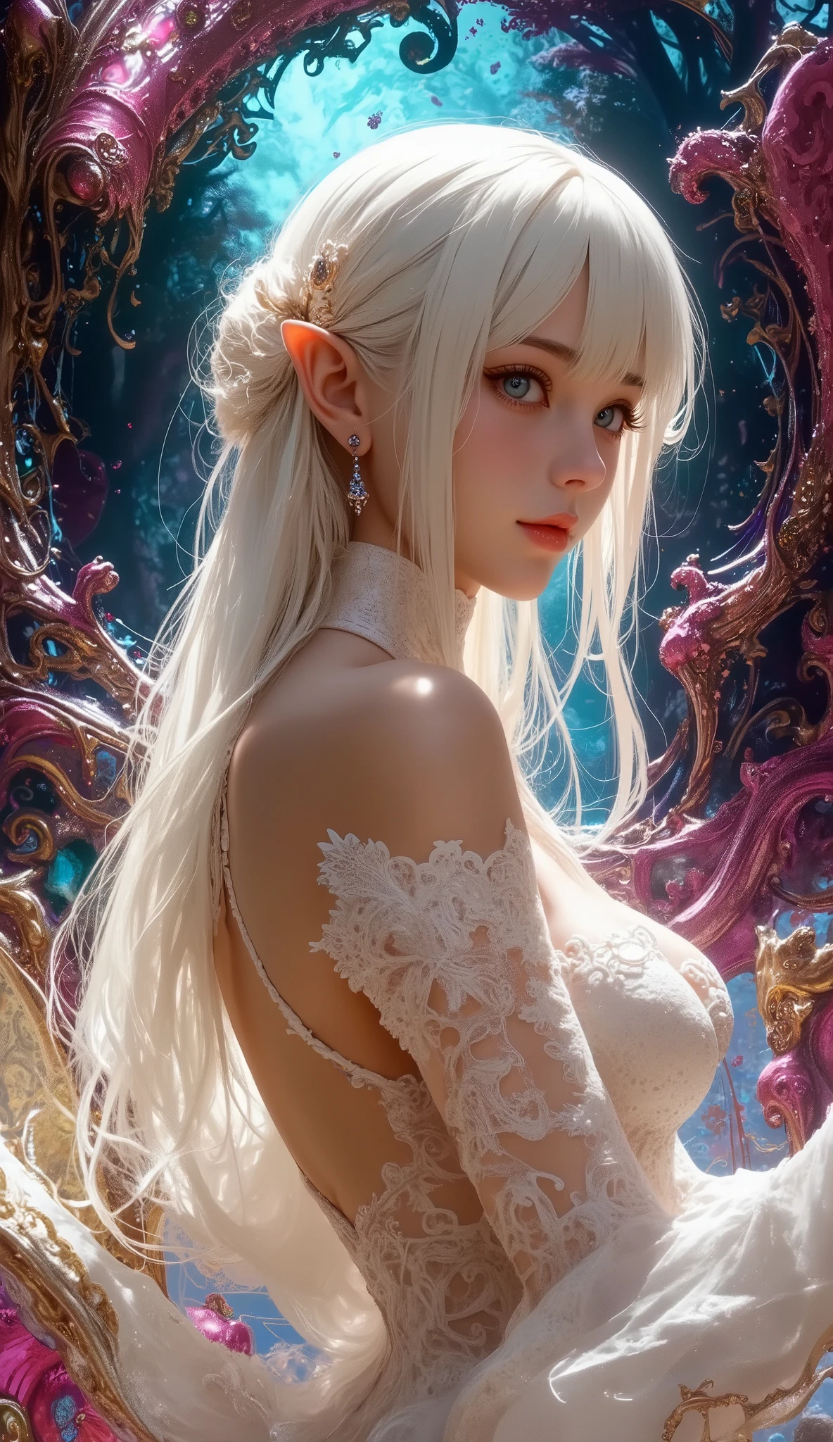 A girl with platinum blonde hair wearing a short white and black dress., with a necklace containing magical energy around her neck and a green spider lily tattoo on the back of her left hand., Jet black eyes