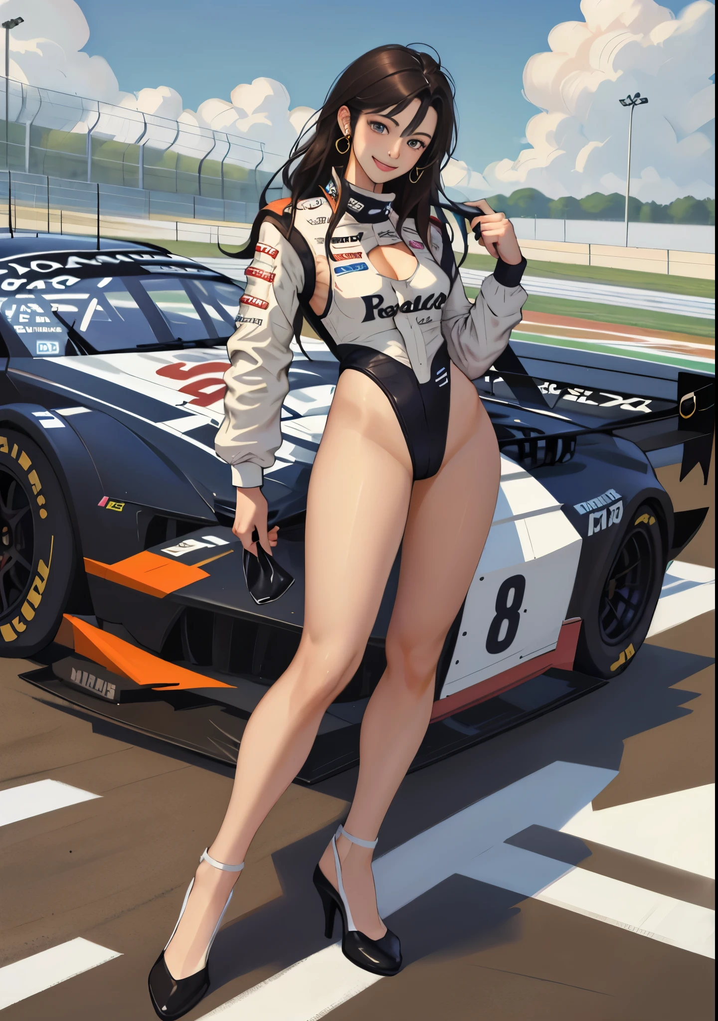 (8K, Best Quality, Ultra Detailliert, Highres, Absurdres, Perfect Anatomy:1.5, Masterpiece:1.5), (Strong Outline), (((1 Cute Girl))), (((perrine h. clostermann))), (((Yellow Eyes))), (((Glasses:1.5))), (((Long Long Hair:1.6, Bangs, Blust Bangs, Blonde Hair))), (((Black Cat Ears))), ((Black Cat Tail)), ((Slender Body, Dwarf:0.7)), (((Small Breasts))), ((Big Hips:1.3)), ((Blush:1.2)), (Sweat:1.0), (Evil Smile:1.0), (Smile:1.2), (Spoken Heart), (Five Fingers), (Good Hands, Best Hands),
BREAK; (((RACE_QUEEN))), (((LEOTARD))), LOGO, ((HIGHLEG)), (Election of Nipples:1.0, Cameltoe:1.2), ((JACKET, Short Sleeves:0.4)), (Open Jacket:1.2), (Earrings, Bracelet, Anklet), (High Heels), (Dynamic angle), Modeling Pose, (Prostitute poses:1.4), from Above:0.4, ((Posed Photo:1.3)), ((Wide-Angle Photo:1.3)), OutDoors, Race Field, Car, Sandy, Clear Sky, Glitter,