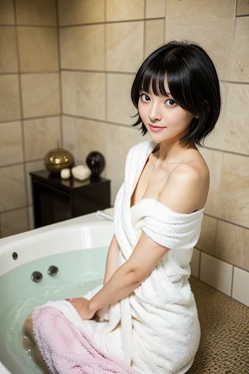 A Japanese woman covers her breasts with a white bath towel ,Neat and short black hair ,Small breasts ,A hotel room ,Sitting on the bed ,Wet hair