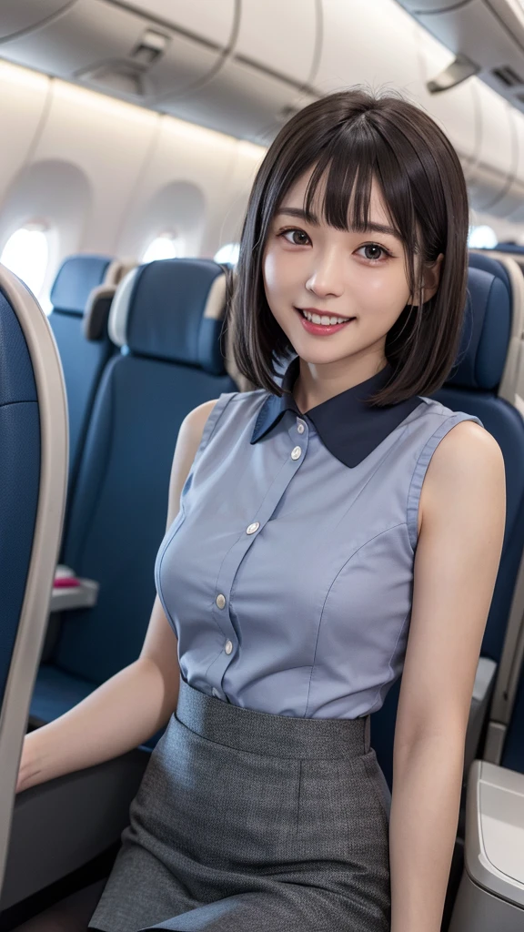 (Realistic, Photorealistic: 1.37), (masutepiece, Best Quality: 1.2), (超A high resolution: 1.2), (Raw photo: 1.2), (Sharp Focus: 1.3), (Face Focus: 1.2), (Ultra detailed CG unified 8k wallpaper: 1.2), (Beautiful skin: 1.2), (pale skin: 1.3), (hyper-sharp focus: 1.5), (Ultra Sharp Focus: 1.5), ( Beautiful pretty face: 1.3), (hyper detailed background, Detail Background: 1.3), Bokeh, depth of fields, BREAK, Photo of a very cute and beautiful Japanese female flight attendant, (Cabin Crew), professional attire, (22 years old: 1.1), Portrait of a girl with a bright smile, Upper body image, When viewed from the front, The composition is symmetrical, (On board the plane: 1.3), (standing inside the airplane: 1.3), ( (looking straight at you), BREAK, (Glossy dark brown medium hair: 1.2), dark brown eyes, Beautiful eyes, Princess Eyes, ((Brown hair:1.3)), Single hair, Bangs, hair between eye, Long hair, curby, (medium breasts;1.3), (Detailed beautiful girl: 1.4), (Bare shoulder, Chest squeezed together, View Viewer, ((White blouse and black tight skirt:1.3)), Solo, Parted lips, Red lips, (Shiny skin), Sweat, (Detailed airplane interior view:1.5, Simple background), (light seductive smile:1.25), ((Perfect female body)), (Upper body image:1.3), Frame the head, Perfect Anatomy, Perfect proportions, 8.5 life-size, Face Focus, hyper realistic photography, Hyper Sharp Image, Hyper Detail Image,(long), (((Nipple protrusion:1.2))),