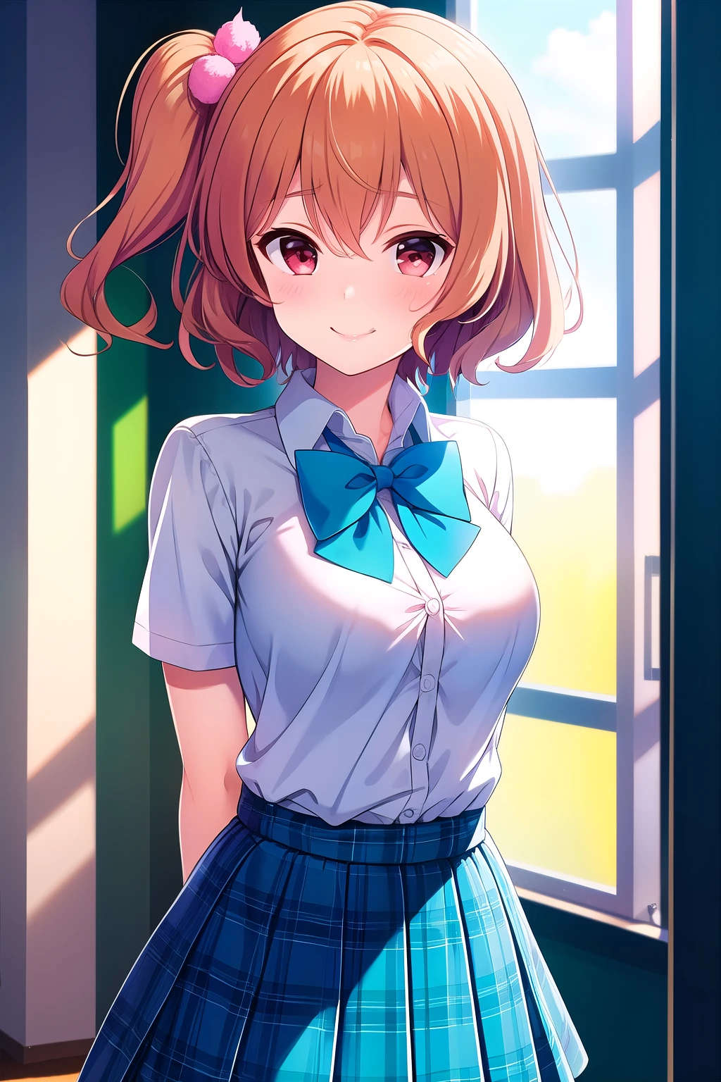 (Masterpiece, best quality ), highly detailed background , perfect lighting best quality , tomuramichiru, Alone, indoor, classroom, orange hair, One side up, hair bobble, hair between eyes , short hair while on a business trip, Red Eyes, medium boobs , Blue Bowtie, white shirt, Short sleeve, Arms behind your back, BLUE SKIRT, plaid skirt, white thighs, school uniform, smile, Closed Mouth, :), pink lips