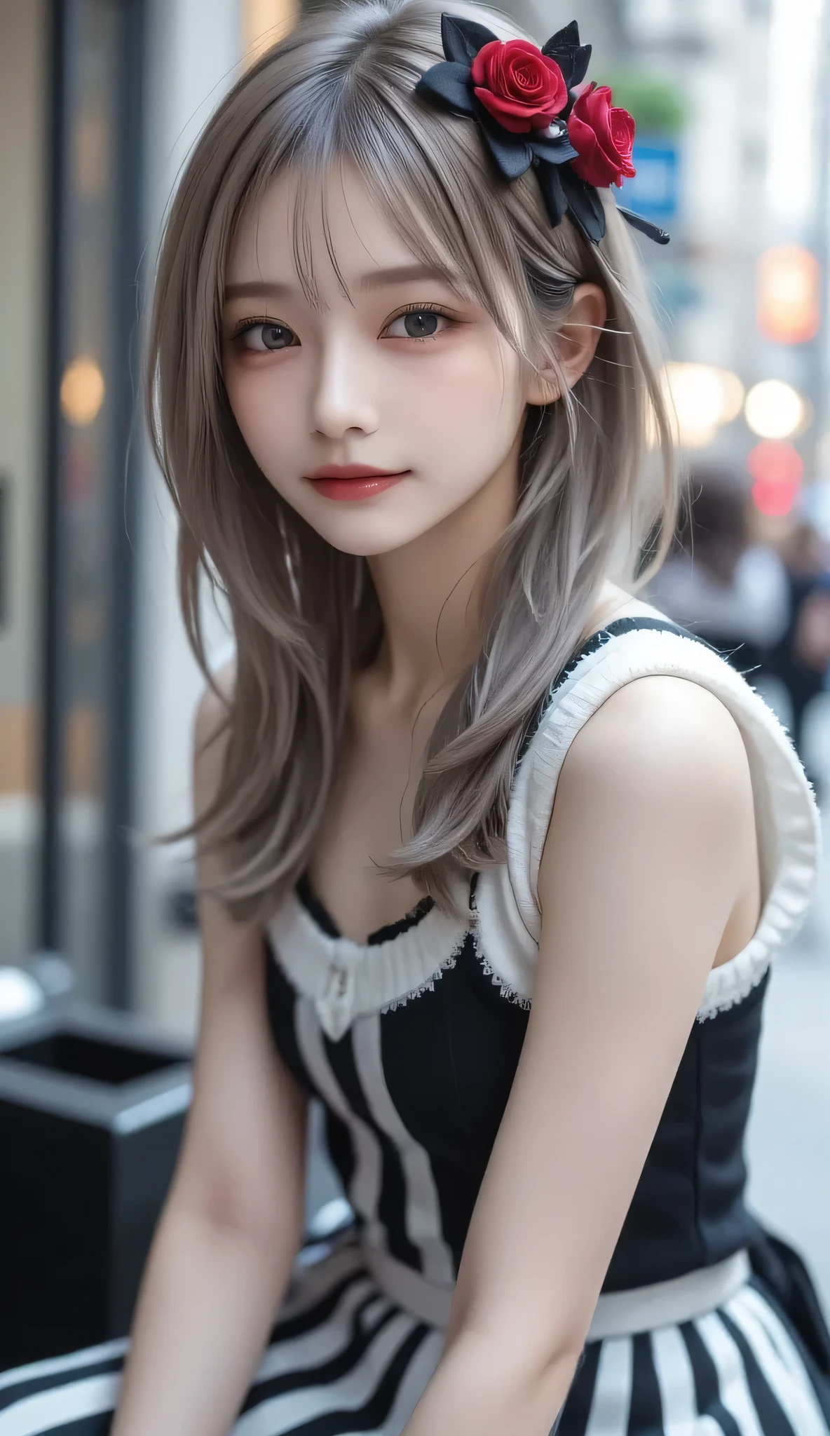 ( masterpiece),(4K), High Quality , 1 girl,long Silver Hair, blue-white skin, have beautiful detailed red eyes,A black ribbon adorned with red roses ,Black and white gothic dress, ( high-definition and elegant ), magical color and atmosphere, detailed skin, background is soft and blurry ,Adds a dramatic and iconic element to the scene, The Depth of Written Boundaries , Bokeh, Silky to the touch , hyper details, is sitting