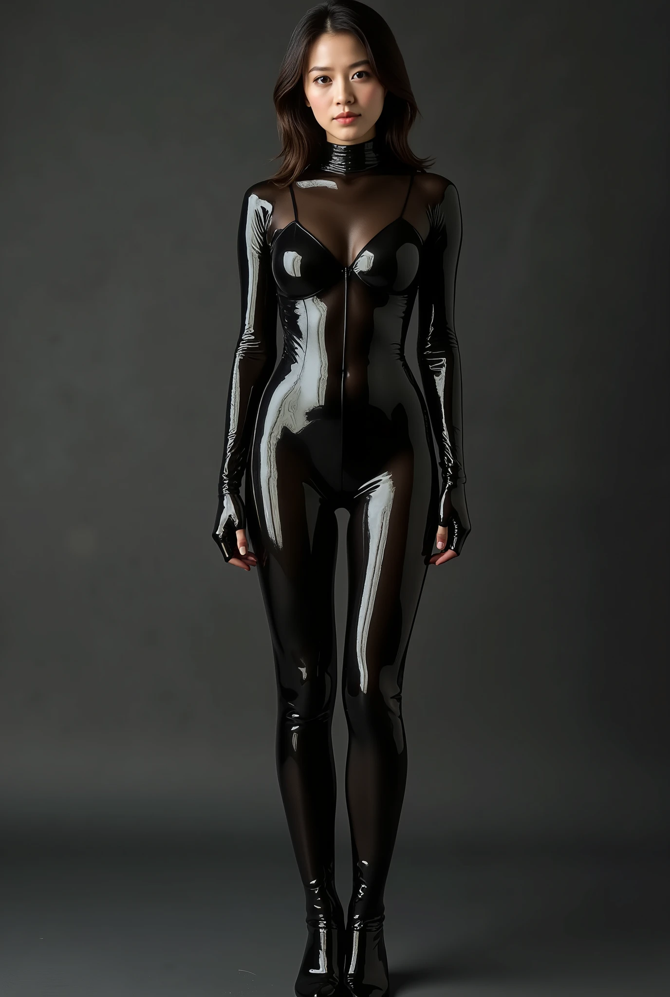 one Japanese woman in cleavage bed、30 years old、A black rubber suit with a sheer luster that is transparent enough to show through the skin、 the lower part of the body is very thick 、 open your legs, Thin abs
