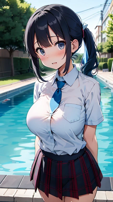 ((best quality)), ((masterpiece)), ((detailed)), (((perfect face))), (((slender 18yo teenage girl))), ((((medium breasts)))), ((((topless)))), ((((dark blue pleated skirt)))), ((dark brown hair)), ((short ponytail)), (((blue eyes))), ((shy:1.3)), ((blushing:1.5)), (((bare chest))), ((bare stomach)), ((bare shoulders)), (((bare arms))), (((walking))), ((((outdoor swimming pool, windows)))), (((walking))), (((shy arms))), (((looking at viewer))), (((open front door))), ((((detailed background))))