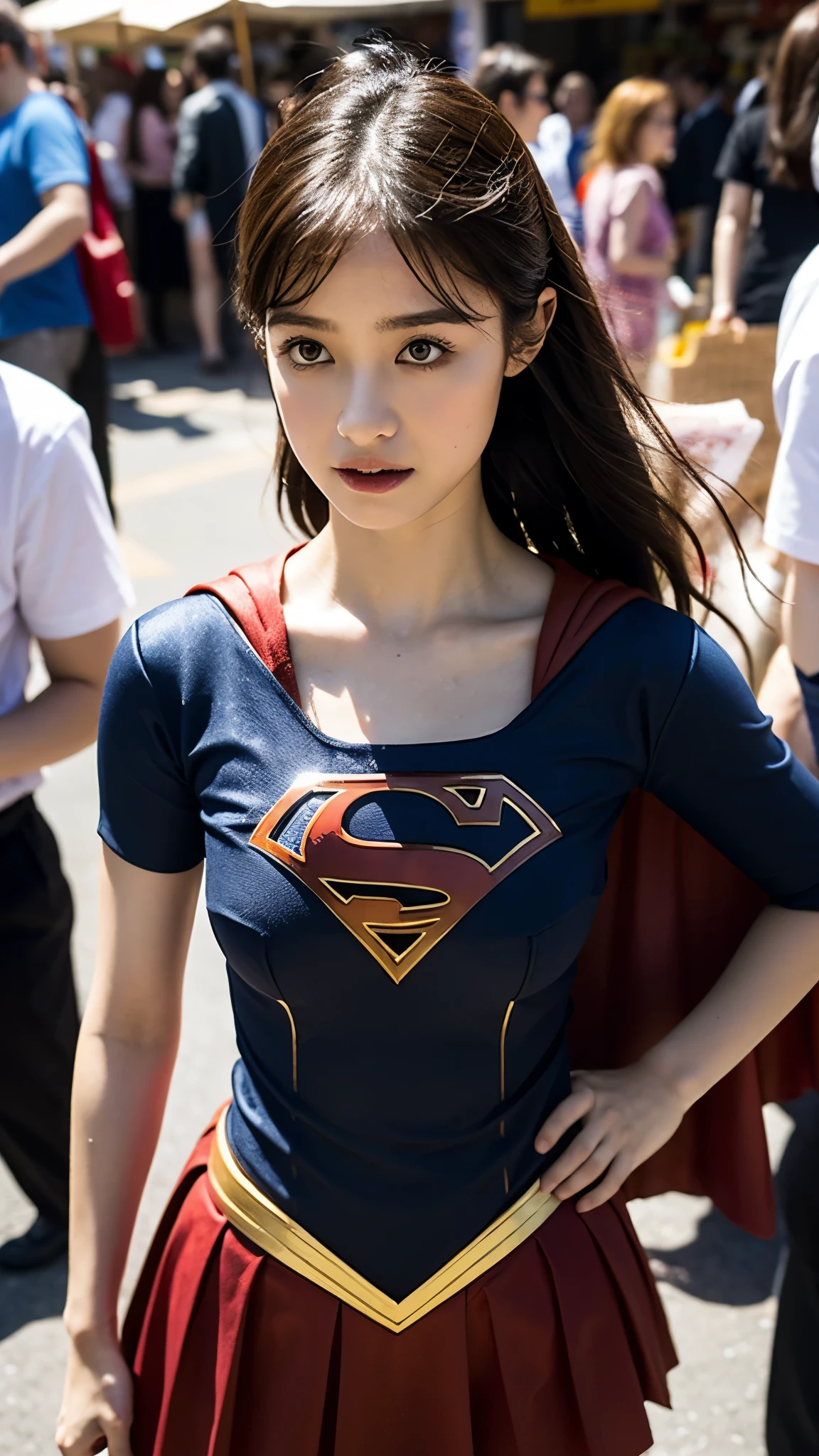 Woman body set big breasts,Supergirl costume dress,Cut clothes,Close-up,Off-the-shoulder attire,Charming,perfect bodies,the street,nabel,Abdominal vest line