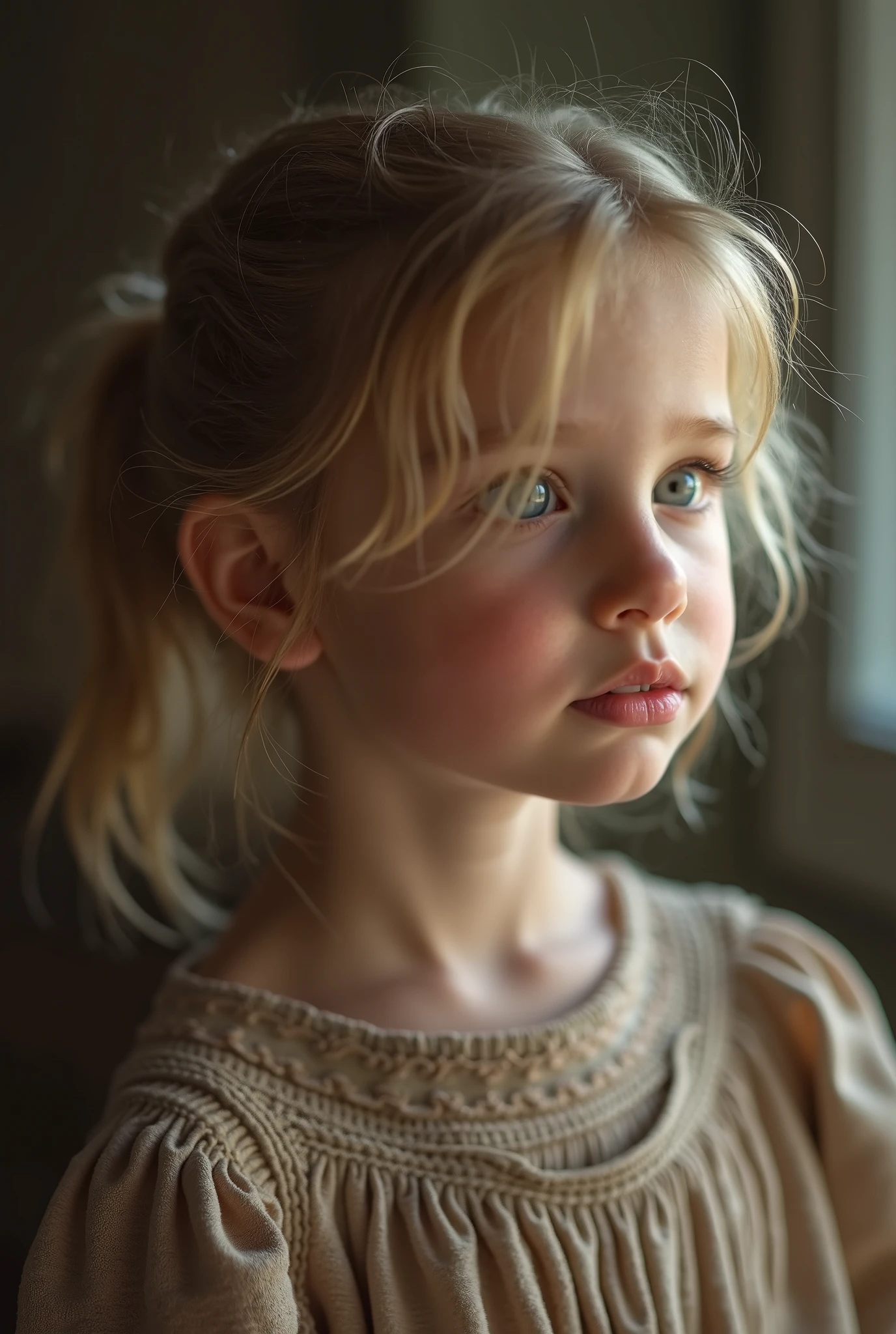 very cute Russian ite girl, pleasantly surprised by something, looking on, cinematography. high quality, masterpiece
