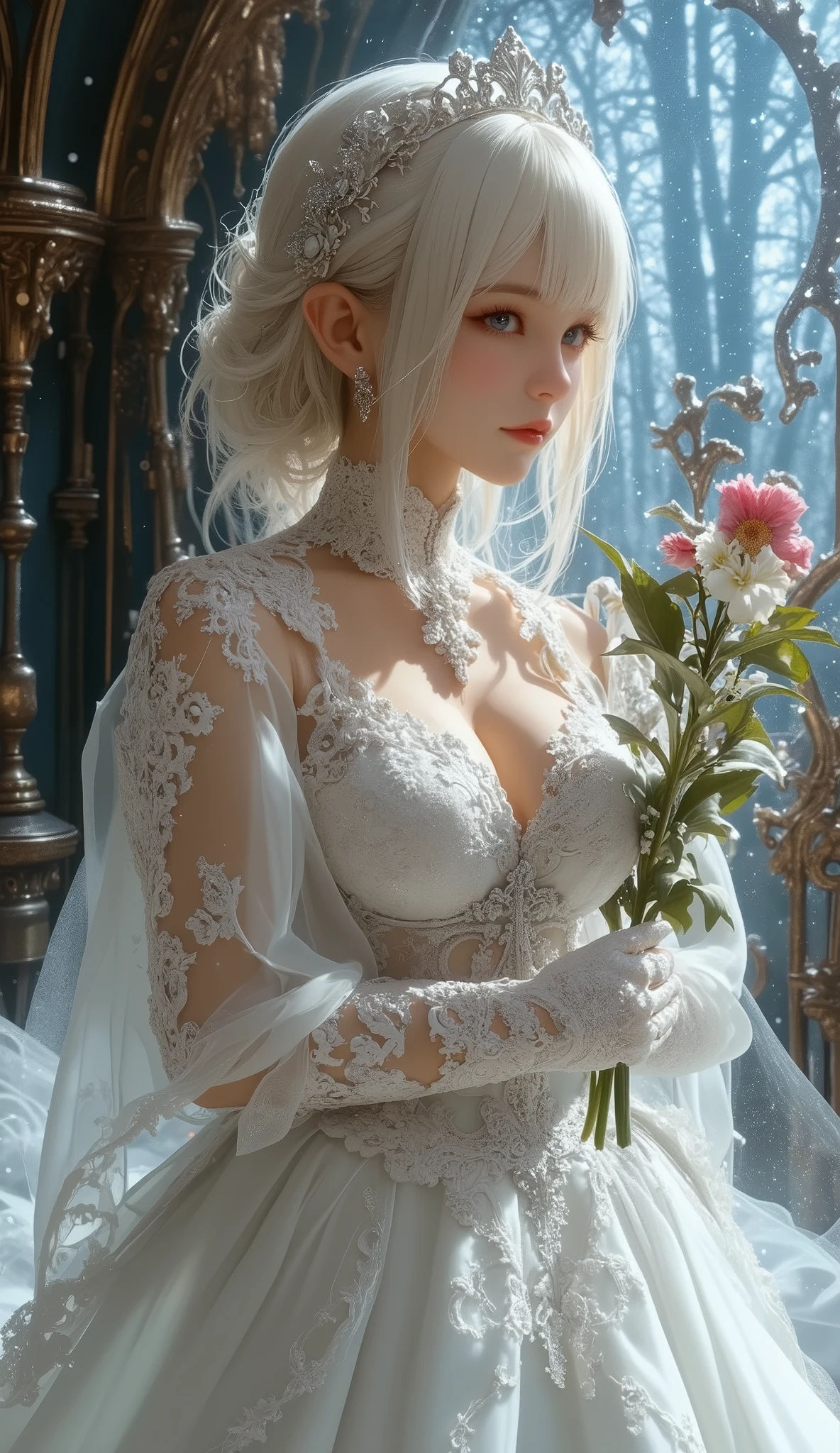 a beautiful elven maid, intricate maid dress, delicate facial features, long pointed ears, porcelain skin, elegant posture, detailed hands, (best quality,4k,8k,highres,masterpiece:1.2),ultra-detailed,(realistic,photorealistic,photo-realistic:1.37),fantasy,digital painting,highly detailed, warm lighting, glowing skin, soft colors