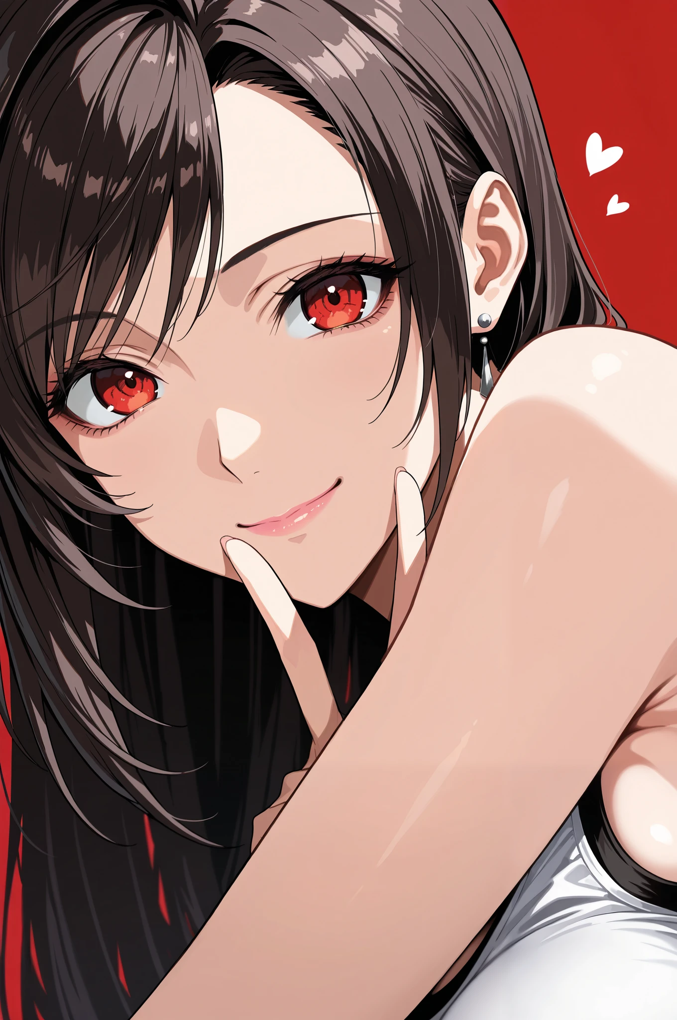 masterpiece, best quality, amazing quality, very aesthetic, absurdres, newest, scenery,highly detailed,high-resolution,close-up portrait,female,woman,Tifa lockheart,final fantasy 7,dark brown hair,long hair,red eyes,fair skin,glossy texture,pink lips,white tank top,simple background, red background,v sign,one hand,heart,focused subject,sharp focus,medium depth of field,slight smile,looking at viewer,from the side,clean lines,smooth lines,sharp,masterpiece, best quality, amazing quality, very aesthetic, absurdres, newest, scenery
