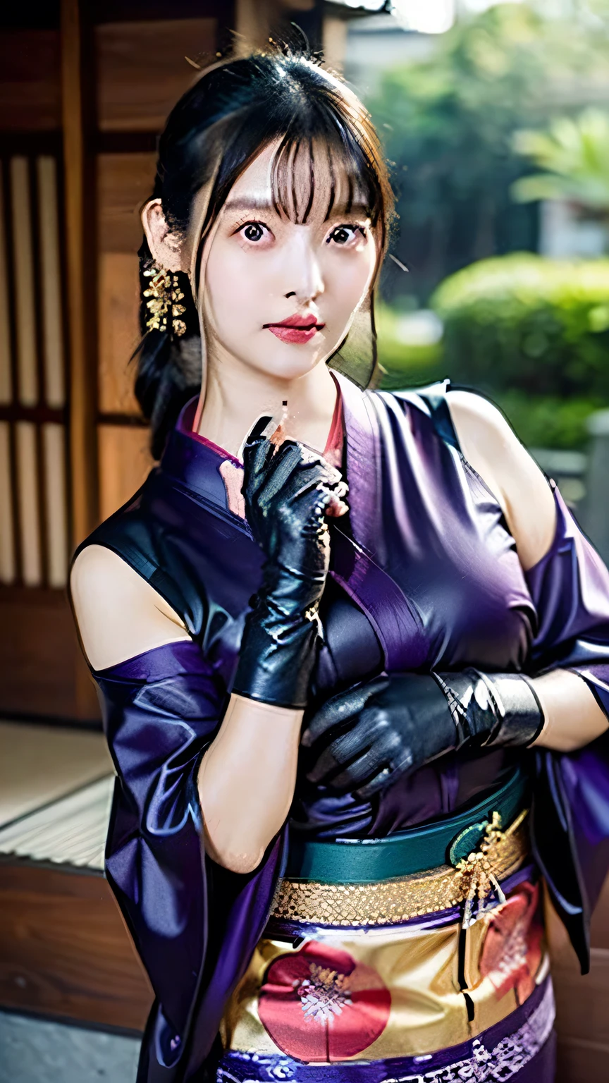 ((Masterpiece:1.2)), ((8k, best quality , super high definition)), ((( ultra-realistic ))), photoshoot, studio, ((contour light)),
((( accurate anatomy ))), ((Best anatomy of the hand)), ((Best Anatomy of the Eye, Very elaborate eyes , double eyelids, standing on a sandy beach )), (( Details of Her Accessories and Clothes )), ((perfectly textured hair: 1.2)), (( very delicate face with heavy makeup, very detailed face and skin texture, growing skin , Shining Face, Authentic, shiny skin texture)), ( natural cosmetics:0.8),( enchanting face , I tied my lips:1.3, eyeshadow, eyeliner , teardrop bags, Red lipstick)
(( complicated)), (( very detailed)), (never goes beyond the edge of the image:1.65), (rating:safe), (((Furusode Kimono ))(Japanese national costume)(purple silk cloth )(Golden Flower Embroidery ))) (((Kimono obi )))(( purple leather cloth)))(( skinny mini skirt ))((black silk cloth ))((( gloves))(( purple leather cloth)))、
1 person、Beautiful glossy black hair,( long straight hair)、((whole body,whole bodyショット))、((Beautiful sea,beautiful beach ))、((Big Breasts,Big, beautifully shaped breasts ))、 Random Sexy Poses