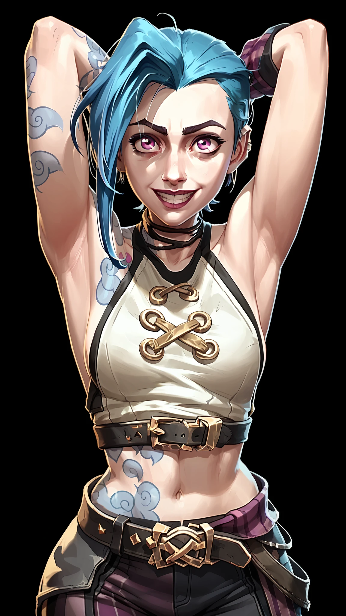 one woman, jinx from league of legends, (purple eyes:1.2), (grey skin:1.2), short hair, blue hair, (upper body, pants, belt:1.3), (black background, clear background:1.5), (studio lights, deep shadows:1.3), (big chest, bare shoulders, bare neck:1.2), (shirt:1.4), (happy face:1.2), showing armpits