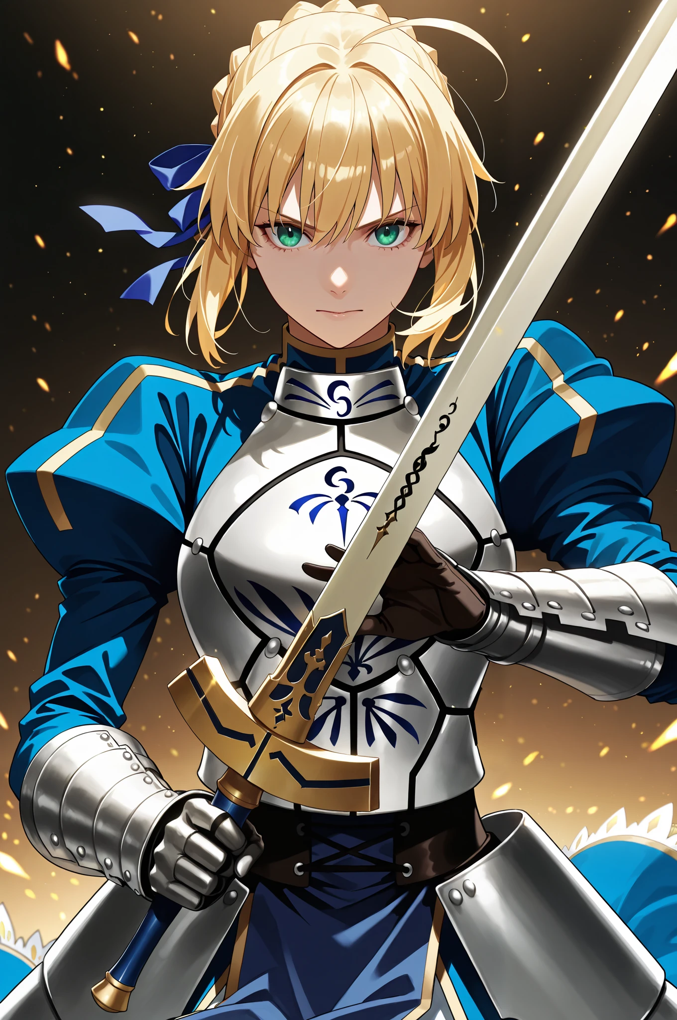 masterpiece, best quality, 2.5D, realistic, ,weapon, holding sword, 1girl, saber, fate_(series), 1girl, blonde_hair, green_eyes, tied hair
