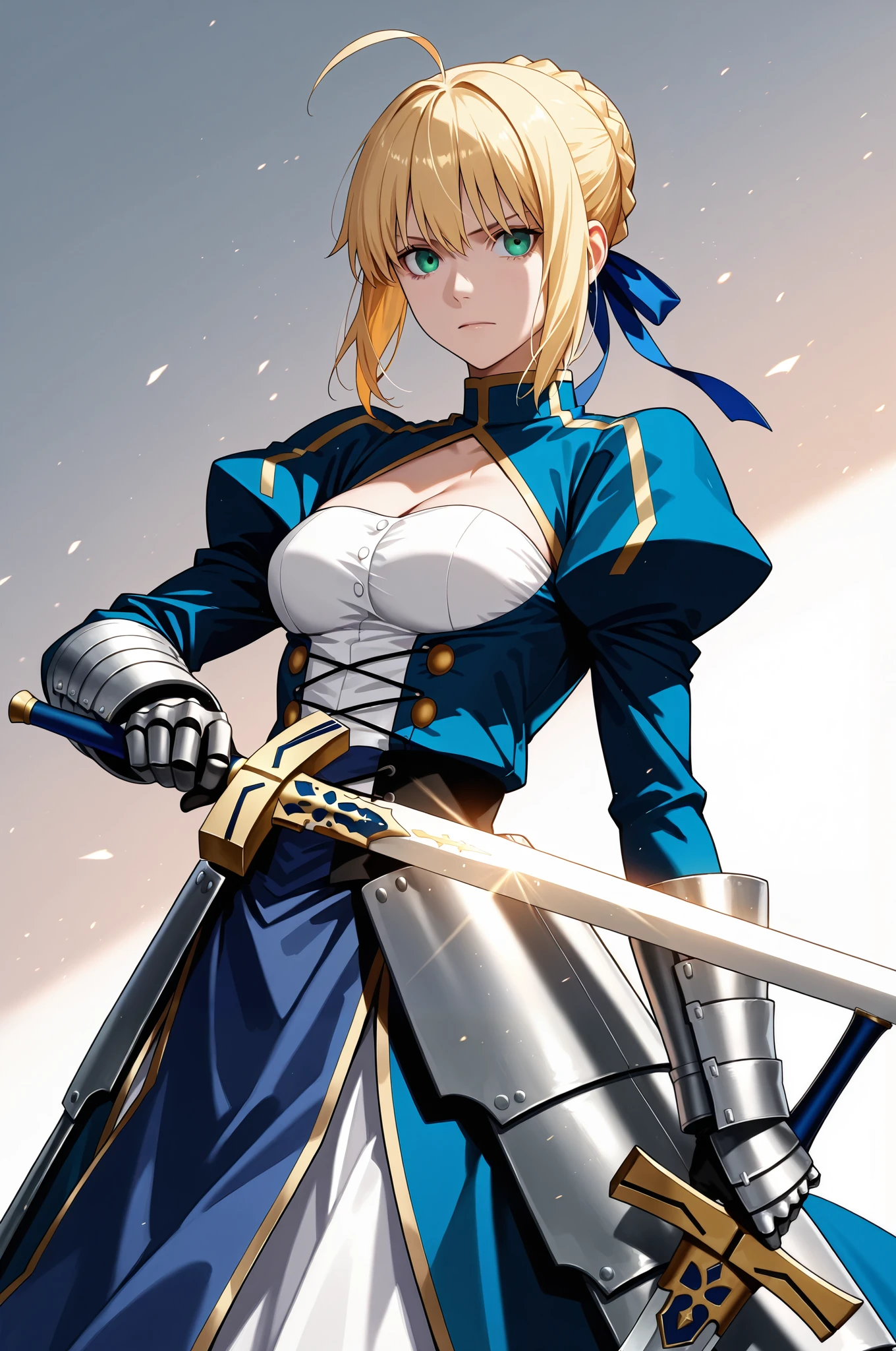 masterpiece, best quality, 2.5D, realistic, ,weapon, holding sword, 1girl, saber, fate_(series), 1girl, blonde_hair, green_eyes, tied hair
