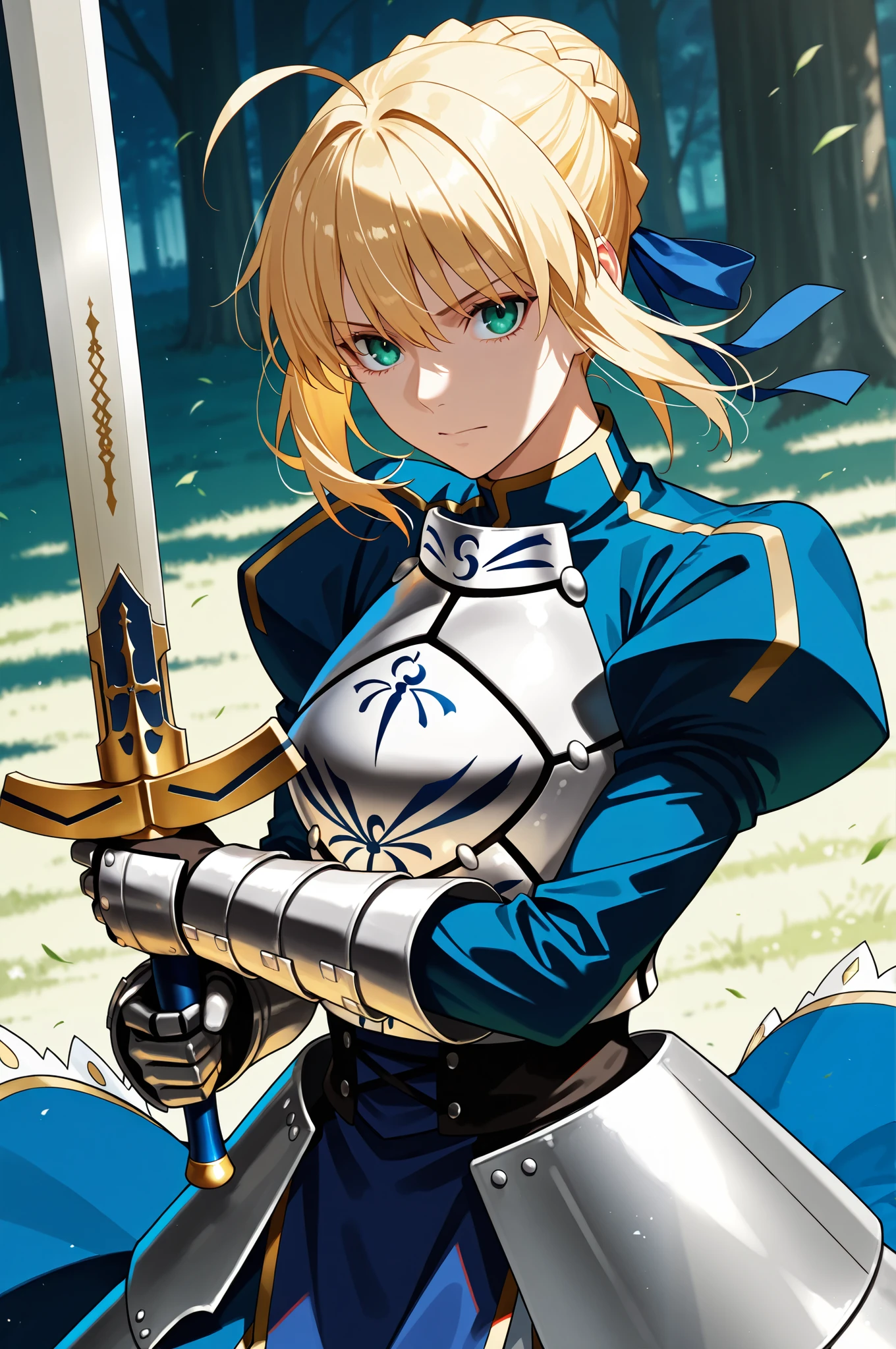 masterpiece, best quality, 2.5D, realistic, ,weapon, holding sword, 1girl, saber, fate_(series), 1girl, blonde_hair, green_eyes, tied hair