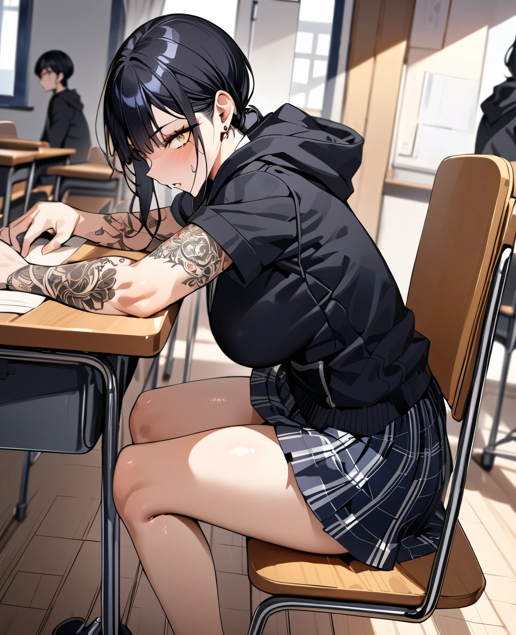 ((masterpiece, top quality)), NSFW, beautiful woman((20 years old)), curved body , Good skin , black short hair , detailed expression, bright yellow eyes, clothes{{school skirt, black hood}}, classroom, sitting in a chair , Piercing, Many tattoos on the body, side view , Playful Face , A figure showing an arm
