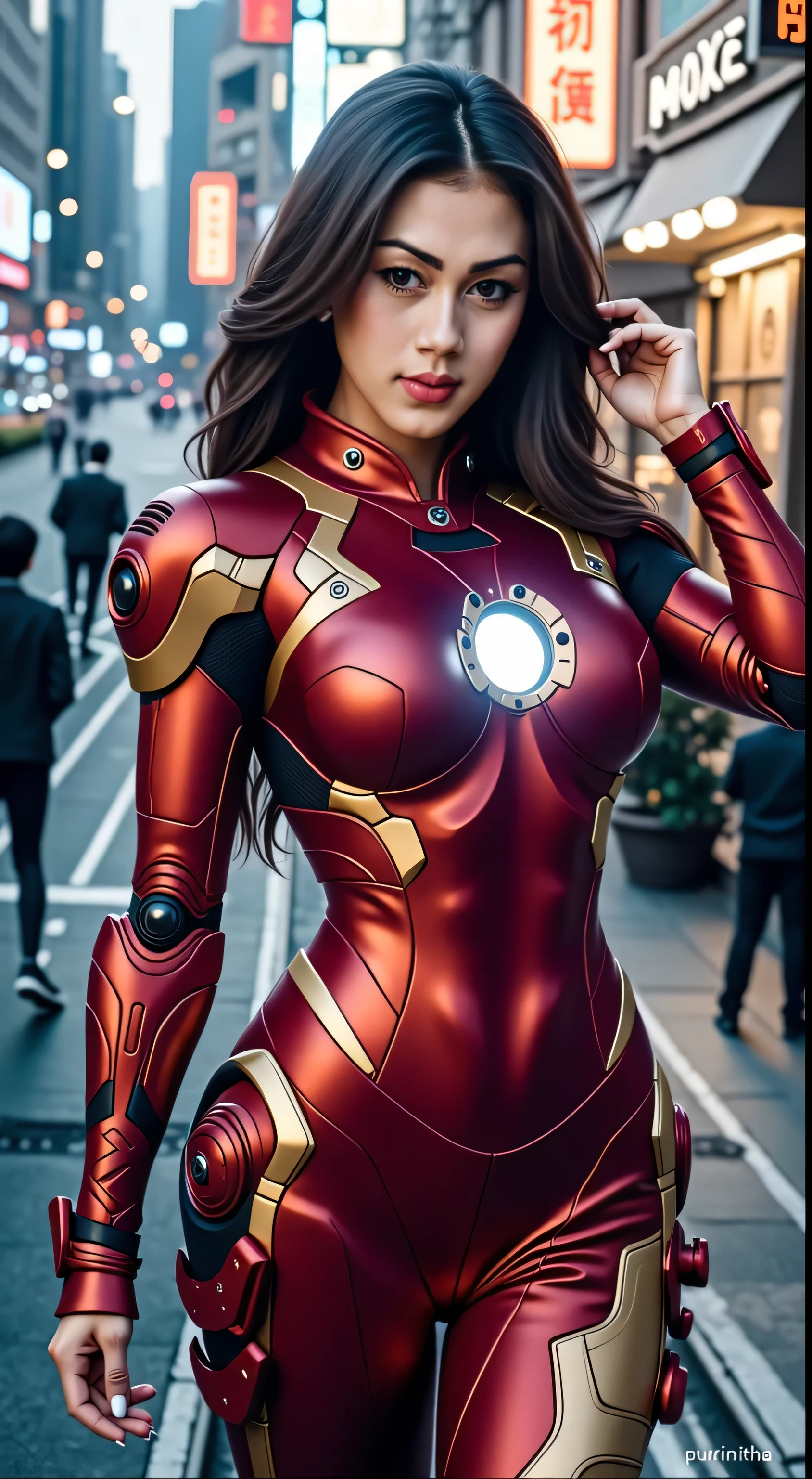 ((masterpiece, 8K, 3D, Realistic, Super Detail)), (1girl:1.3), slender 17 age, Ultra Micro photography, Super realistic, Perfect face, Beautiful features, ((Perfect female body)) Beautiful features, ( body), ((small hips)), Lisa Blackpink as ironman ((Exposed thigh)), Exposed Skin, Front Full body Shot, full body portrait, futuristic city background
