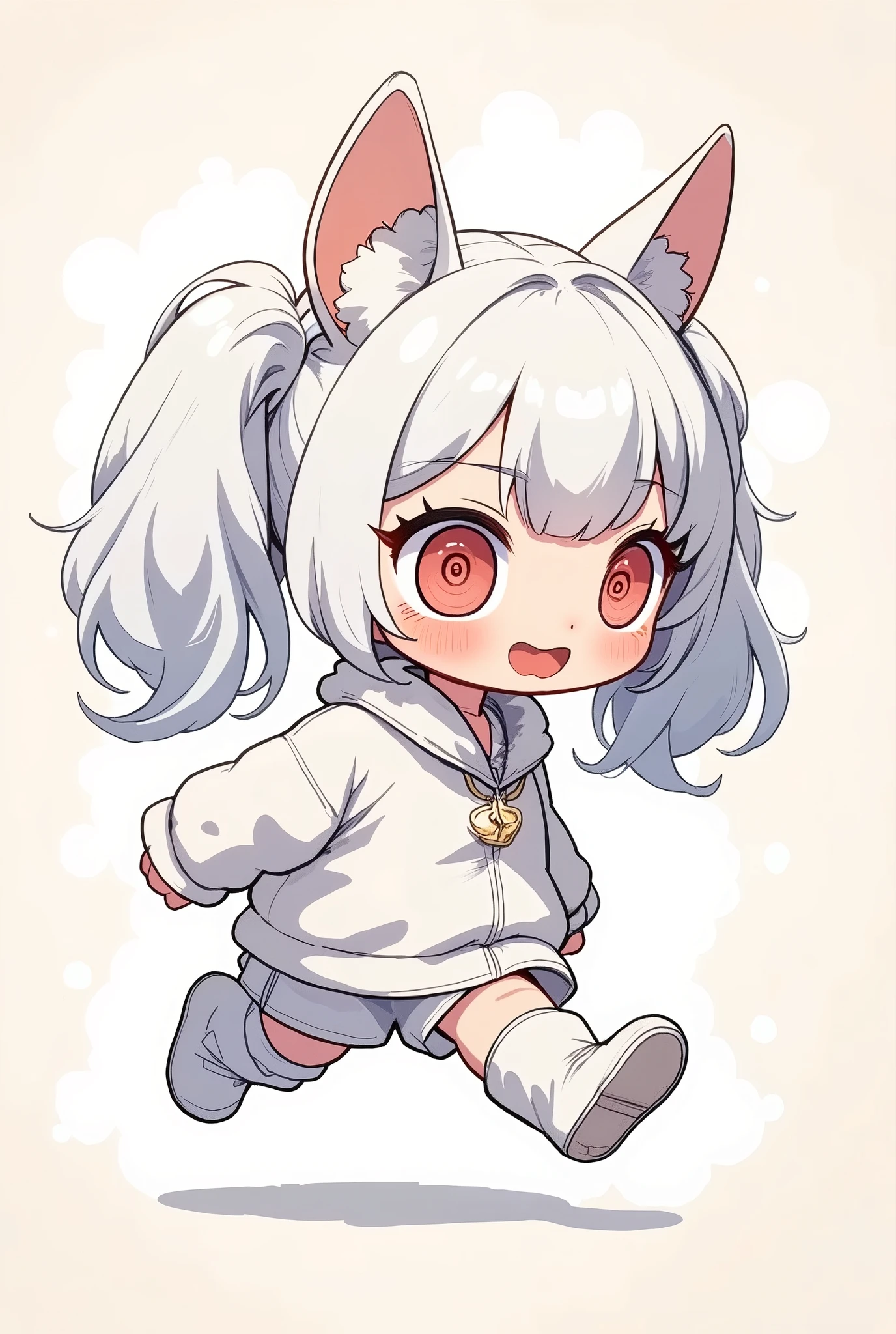 a chibi bunny girl walking sideways,close eyes, her tilted slightly forward as she moves, her fluffy white outfit and bunny ears bouncing with each step, delicate shading emphasizing her form, the background minimal and soft, the overall tone lighthearted and playful