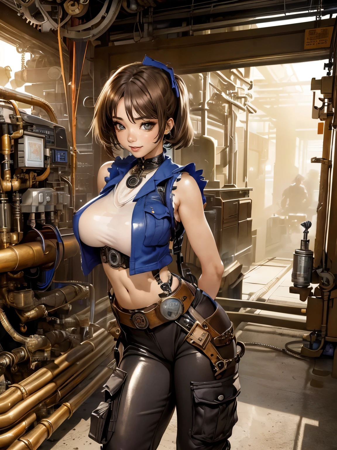 ((Seductive Anime Girl:1.2、solo:1.3))、((steampunk:1.5))、((mechanical room:1.5))、((Mechanic worker:1.5))、((arms behind back:1.5))、((dynamic angle:1.5))、((dynamic posing))、((KAHKI、cargo pants:1.3))、((open clothes:1.3))、((sleeveless:1.3))、((huge breasts:1.3))、((crop top navel:1.3))、((from above:1.2))、(extremely details CG, Ultra-detailed, Best Shadow:1.1)、Centered、((Glossy realistic skin texture:1.2))、((shiny skin:1.2))、((absurdres:1.3))、((perfect anatomy:1.2))、art stations、masterpiece, Top image quality, Smooth texture、Sharp Focus、watercolor