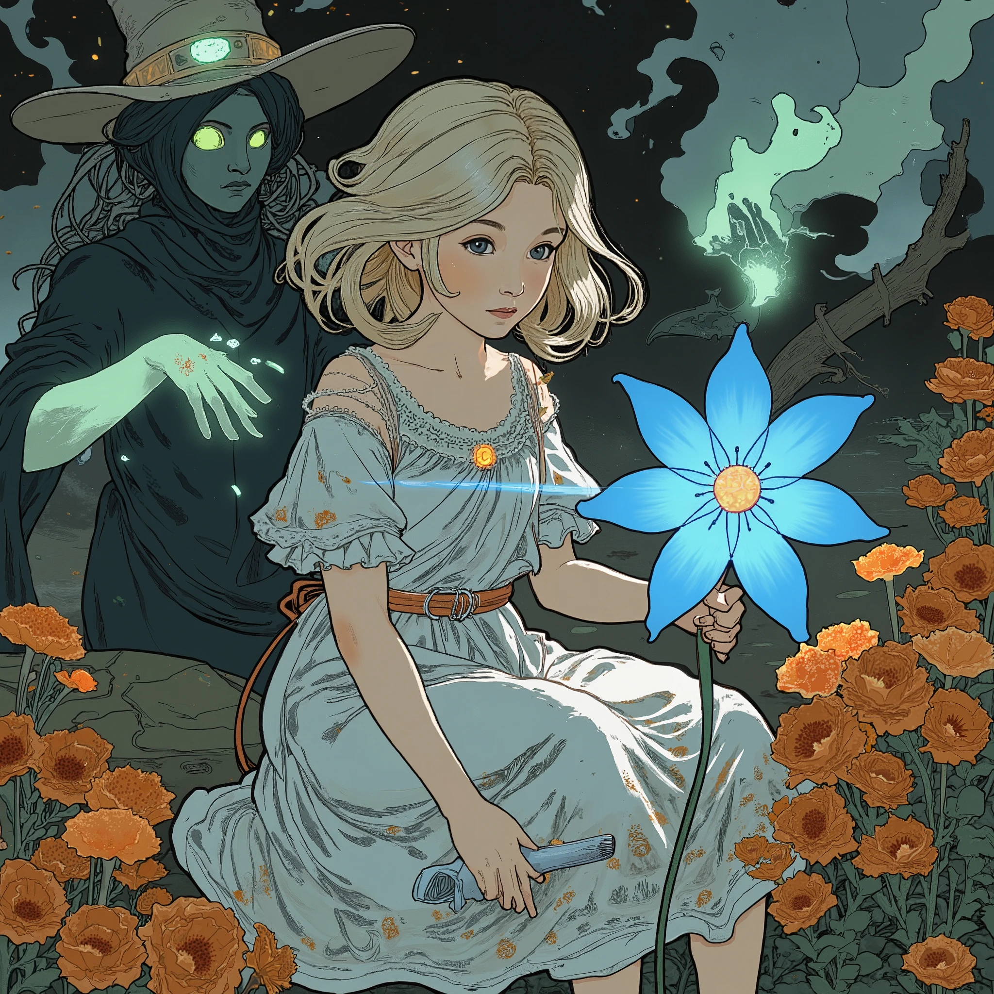 a young girl in a glowing white dress holding a radiant blue flower, soft bloom effect highlighting her hair and dress, background featuring a dark and mysterious witch with glowing green energy radiating from her hat and hands, magical particles floating around the witch, softly glowing mushrooms and flowers in the background, aurora effect spreading across the scene, stardust particles scattered in the air, glowing coral and plants, rim lighting emphasizing the characters against the dark background, soft mist and smoke effects creating depth, lens flare from the glowing flower, cinematic lighting, ultra-detailed textures