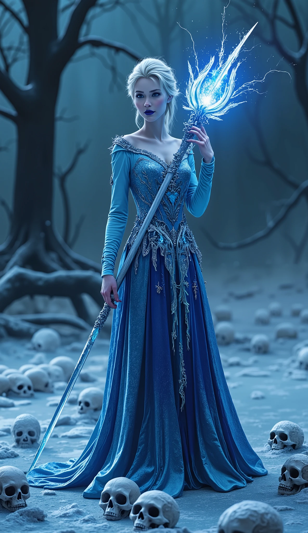 (best quality, 128k, highres, masterpiece:1.2), ultra-detailed, (realistic, photorealistic, photo-realistic:1.37), ((masterpiece)) ((photography)) ((Highest quality)) ((princess Elsa from Disney)) reimagined in a realistic dark fairy tale setting. She stands in a frozen, desolate landscape under an ominous, starless sky, her ice powers emanating an eerie glow. Her iconic ice-blue gown is reinterpreted in darker tones, blending midnight blue and frosted silver with intricate, shimmering ice crystal patterns. Her pale skin contrasts with her striking deep blue lipstick, giving her an ethereal yet haunting look. Her platinum blonde hair is styled elegantly, with icy strands that appear almost alive.
She holds a jagged, glowing ice staff radiating cold mist, surrounded by frost-covered skulls scattered across the icy ground. The atmosphere is filled with an otherworldly mist, and the sharp wind carries whispers of her icy magic. Cracked, frozen trees stand in the background, their branches covered in frost and icicles. Elsa's piercing gaze reflects both power and sorrow, embodying a dark queen reigning over her icy, sinister domain.