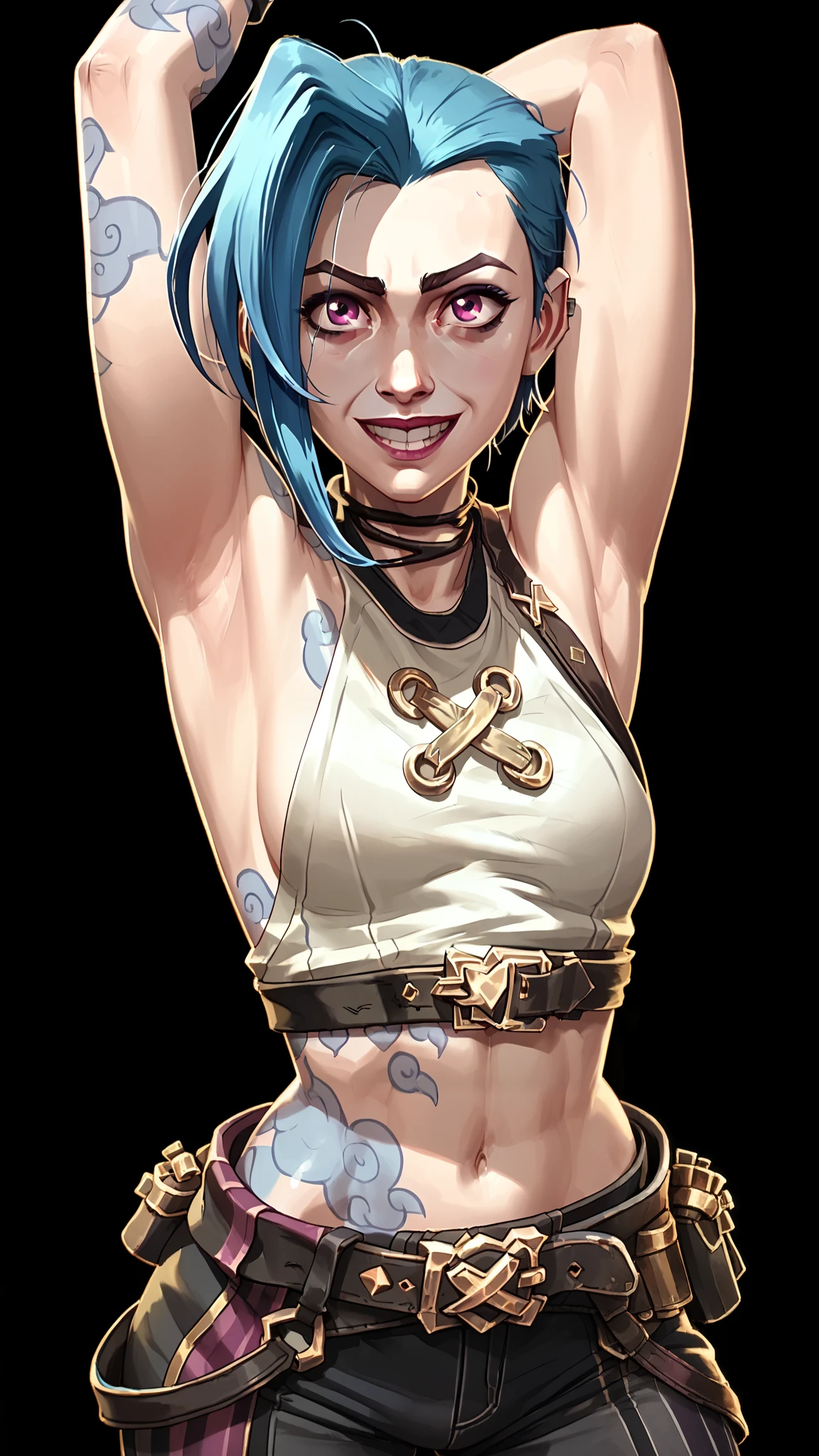 one woman, jinx from league of legends, (purple eyes:1.2), (grey skin:1.2), short hair, blue hair, (upper body, pants, belt:1.3), (black background, clear background:1.5), (studio lights, deep shadows:1.3), (big chest, bare shoulders, bare neck:1.2), (shirt:1.4), (happy face:1.2), showing armpits