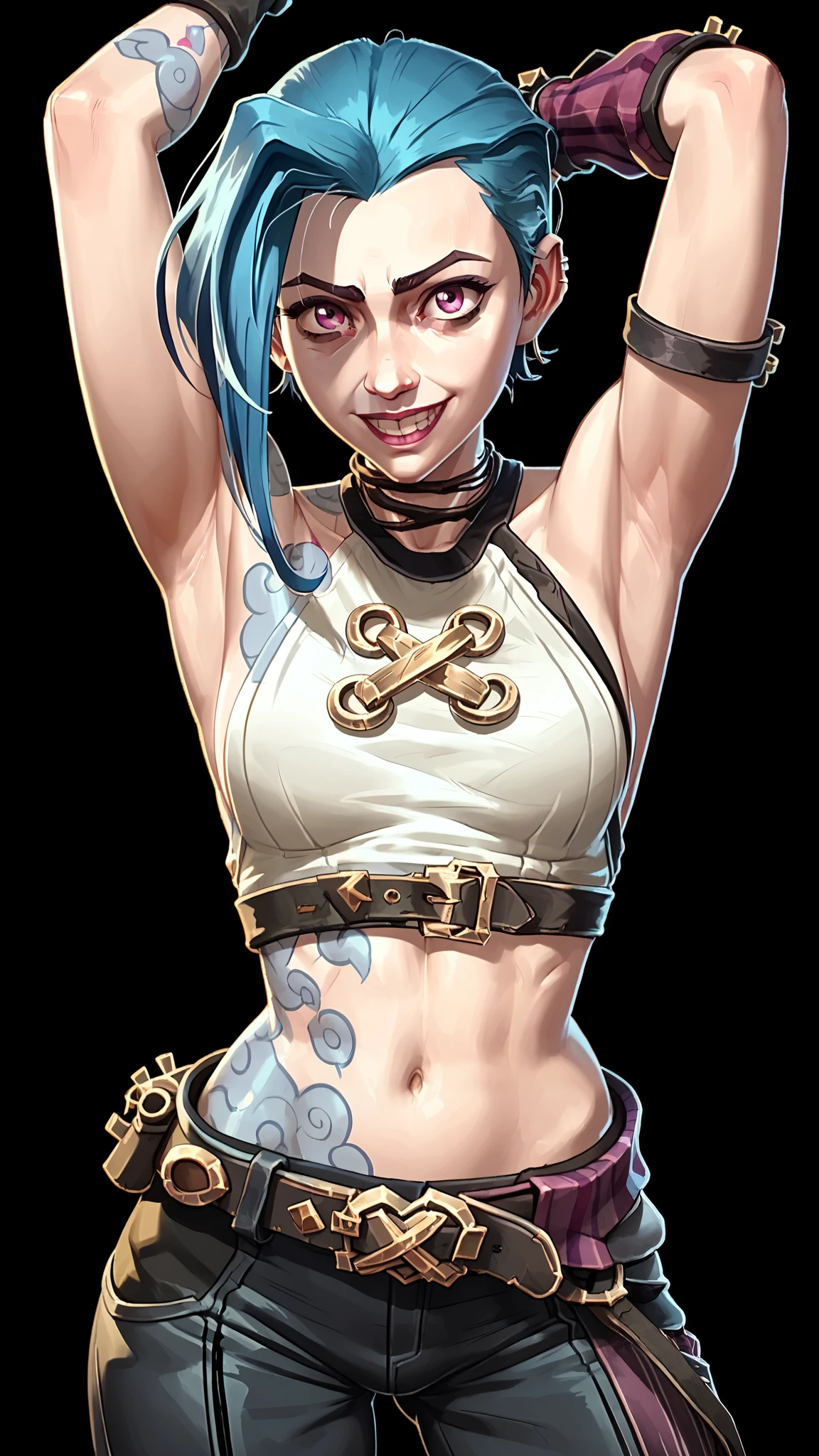 one woman, jinx from league of legends, (purple eyes:1.2), (grey skin:1.2), short hair, blue hair, (upper body, pants, belt:1.3), (black background, clear background:1.5), (studio lights, deep shadows:1.3), (big chest, bare shoulders, bare neck:1.2), (shirt:1.4), (happy face:1.2), showing armpits