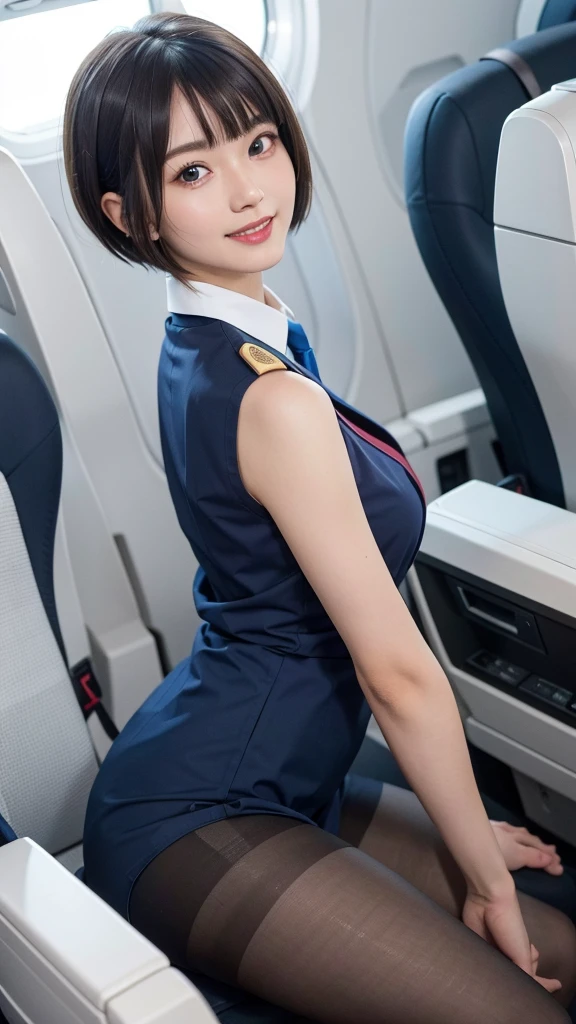 4k, high quality, beautiful lighting, soft lighting, realistic, natural short black hair, red eyes, sexy, big breasts, thick thighs, wide hips, girl in blue and white flight attendant uniform, Toned muscles, blue and white flight attendant uniform, ornate, jewelry, natural flow, hair accessories, (on the plane), (Beautiful smile), (Open your legs and show me your crotch, see your underwear)