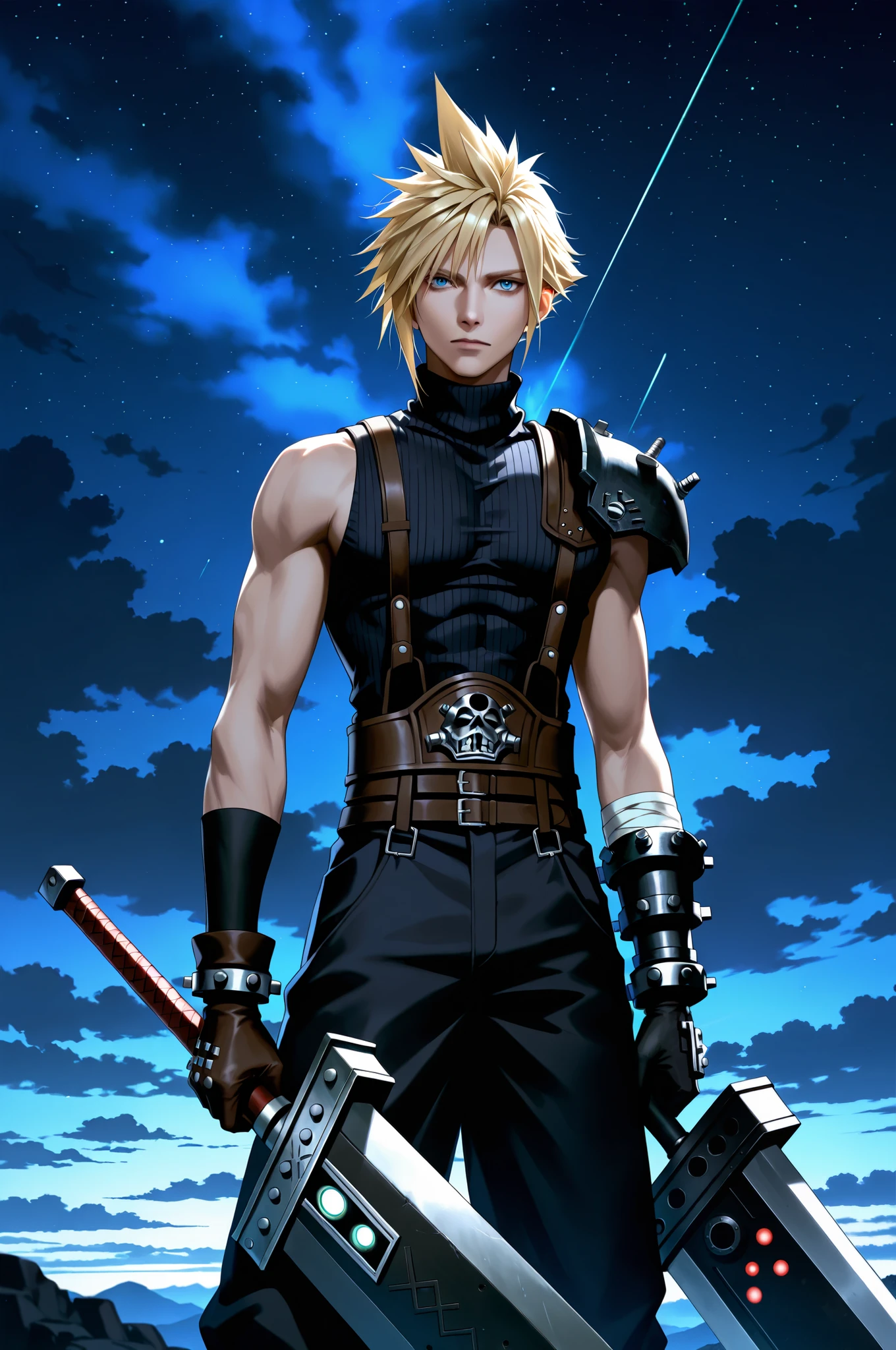 masterpiece, best quality, 2.5D, realistic, buster sword, holding buster sword, 1man, Cloud Strife, final fantasy, 1man, blonde_hair, outside, night time