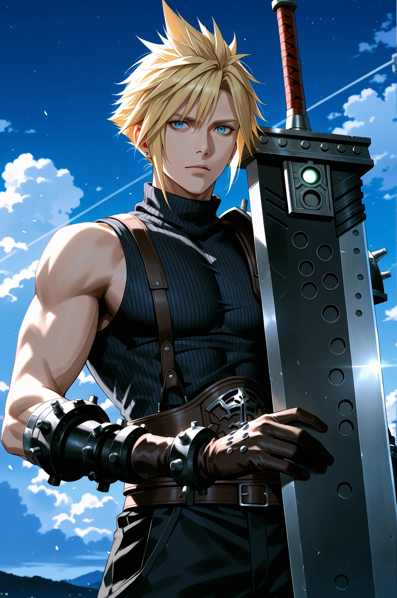 masterpiece, best quality, 2.5D, realistic, buster sword, holding buster sword, 1man, Cloud Strife, final fantasy, 1man, blonde_hair, outside, night time