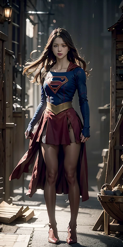 Melissa Benoist open thighs,super girl up skirt,white panties,shoot from below,wind fron below,sky,solo, cape,red skirt,blue tite long sleeve shirt,