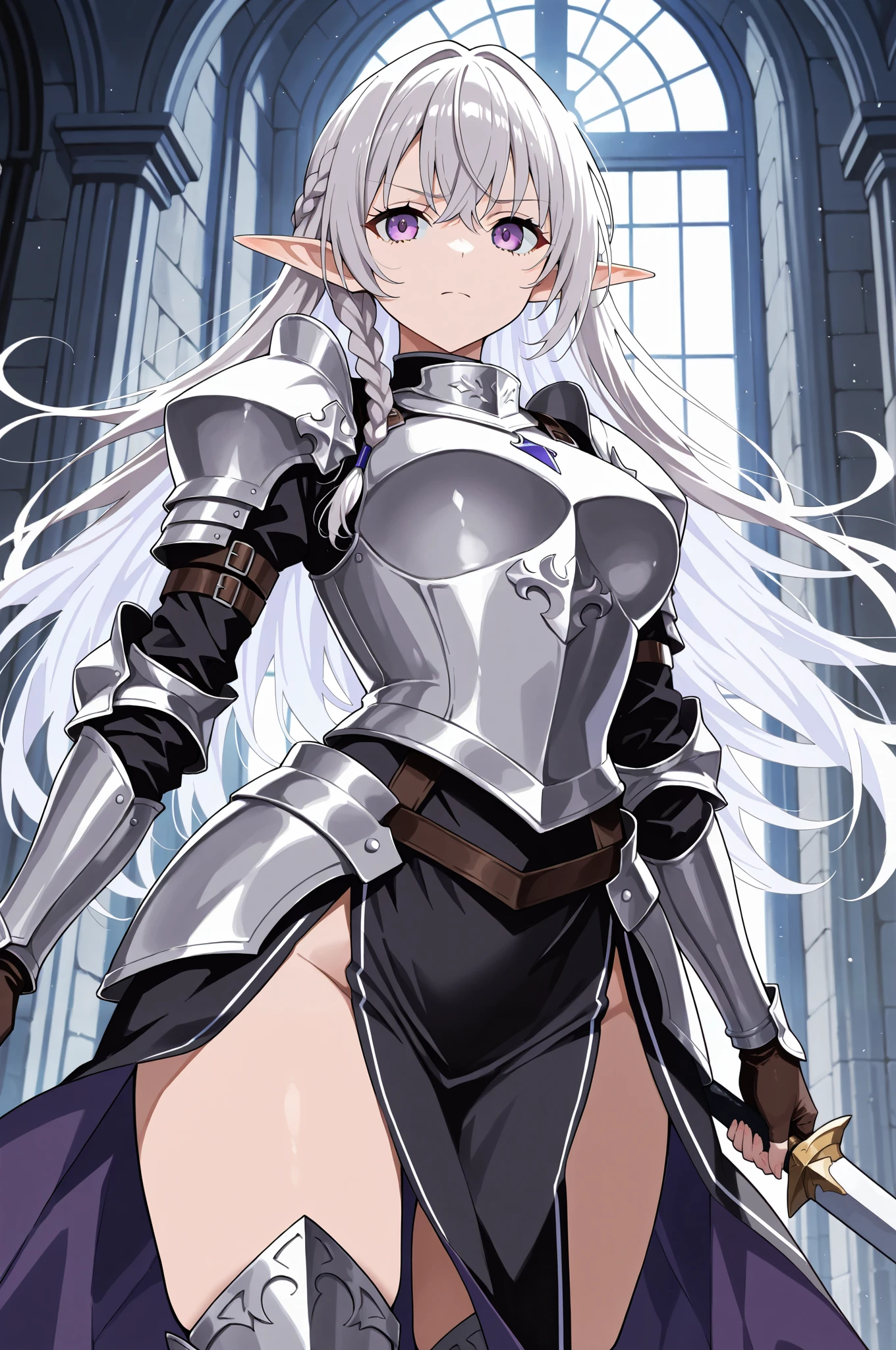 masterpiece, best quality, solo, knight, braids, purple eyes, silver hair, elf princess, armor,masterpiece, best quality, amazing quality, very aesthetic, absurdres, newest, highly detailed,high-resolution,