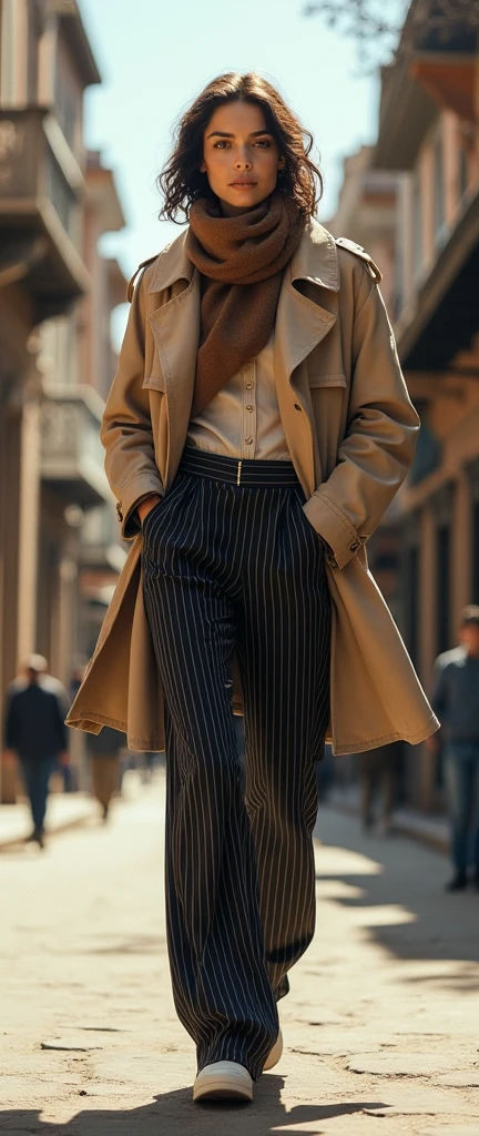 ( Great painting :1.2, Excellent quality , End Mirror , A Cinematic Experience , Very Realistic , Best Illustrations),8K,16K, wallpaper ,( Windbreaker and Shawl ),( Beige trench coat ),( Striped Tailored Pants :2.0),( Black Baggy Pants :2.0),( Beautiful appearance :2.0),( Western Cityscapes :2.0),( Street photography is fashionable :2.0),(Elegant:2.0),( Elegant Scarves:2.0)
