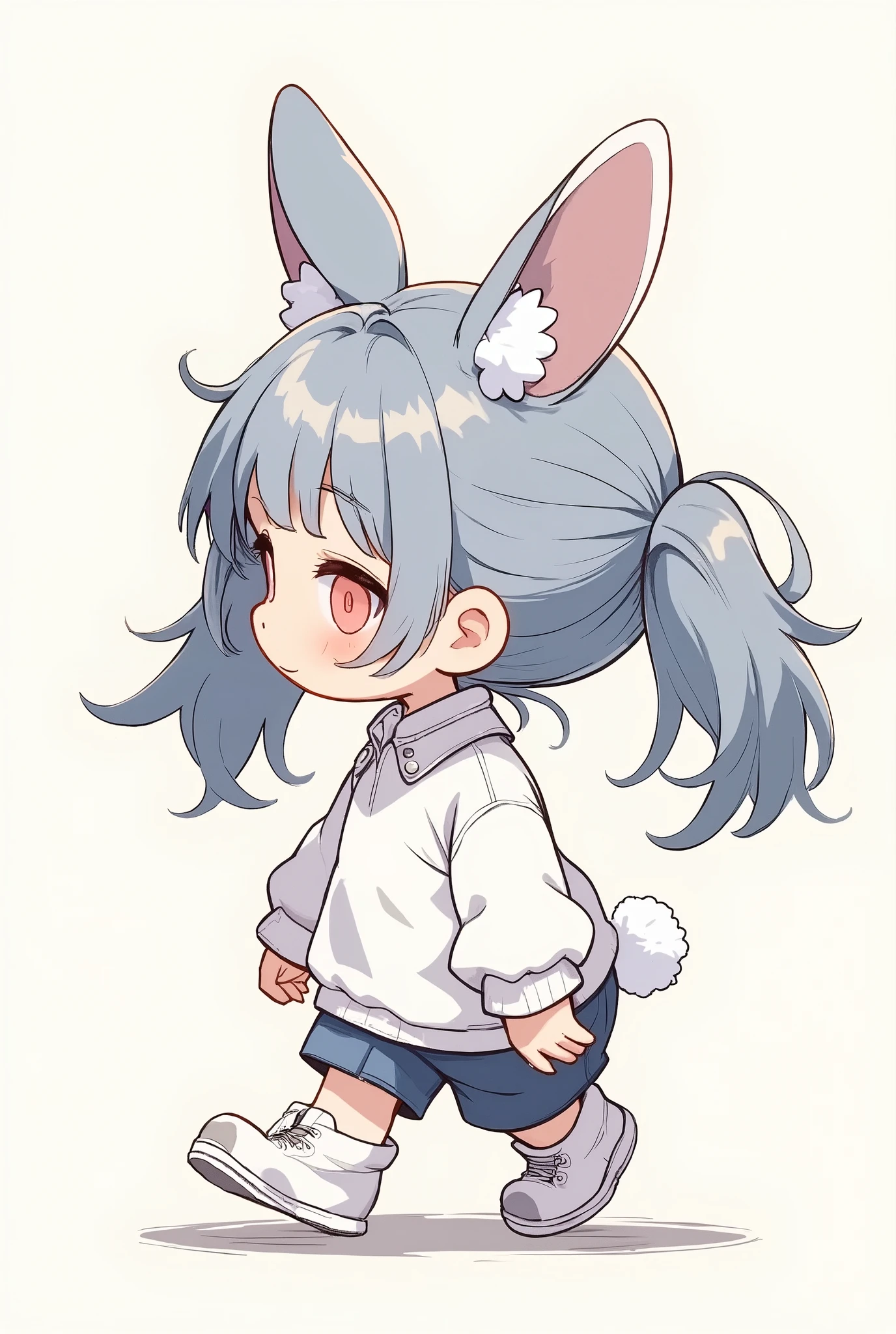 a chibi bunny girl walking sideways,close eyes, her tilted slightly forward as she moves, her fluffy white outfit and bunny ears bouncing with each step, delicate shading emphasizing her form, the background minimal and soft, the overall tone lighthearted and playful