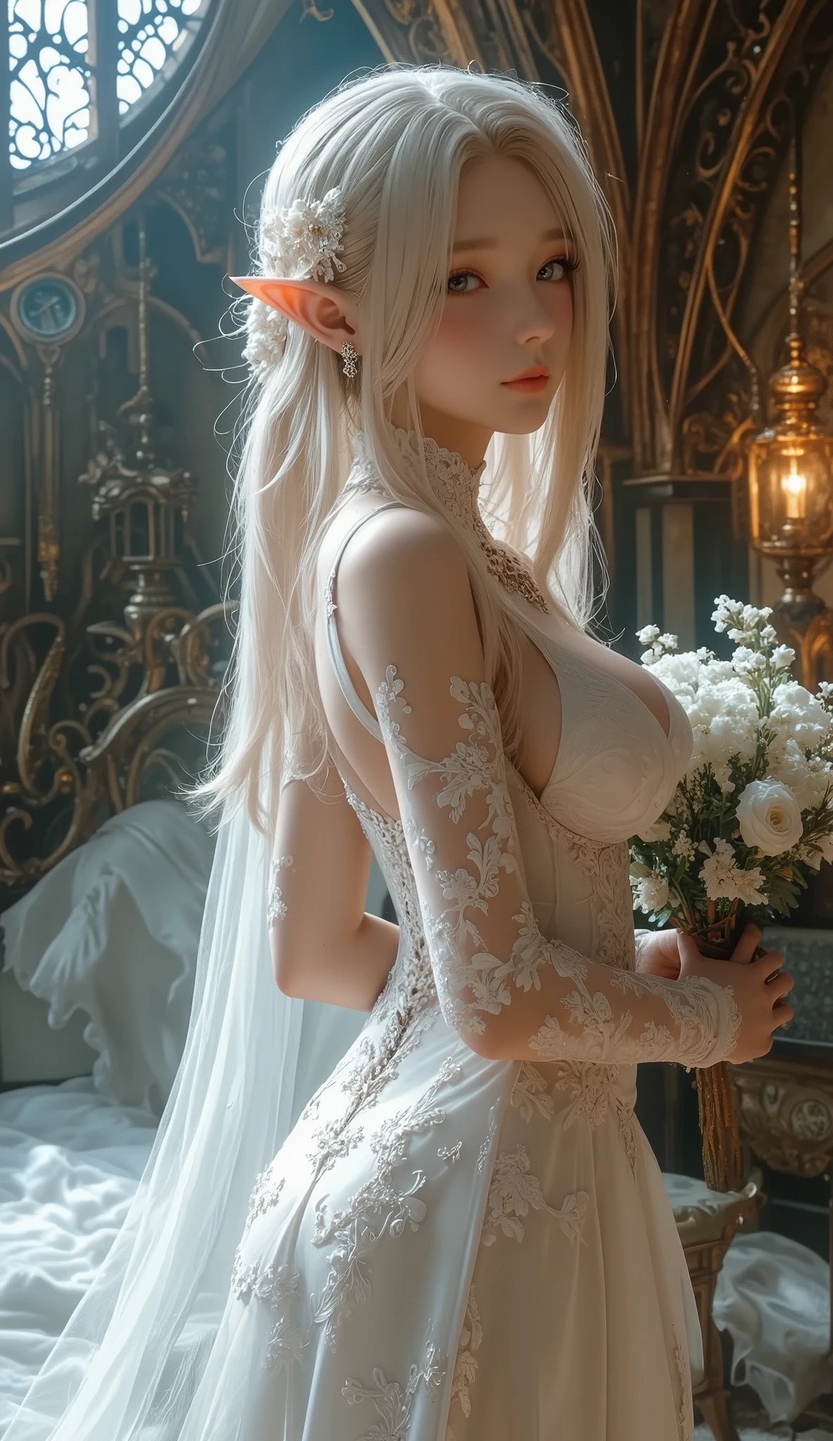  best quality , Super quality, 16k,  Unbelievably Absurd,  very detailed, 2.5D,  delicate and dynamic,  Kiri Reina female,  seductive smile,  pure white wedding dress ,  great style , bouquet,  steampunk,  DIESEL PUNK ,  clock punk ,  cyberpunk, Glitter effect

