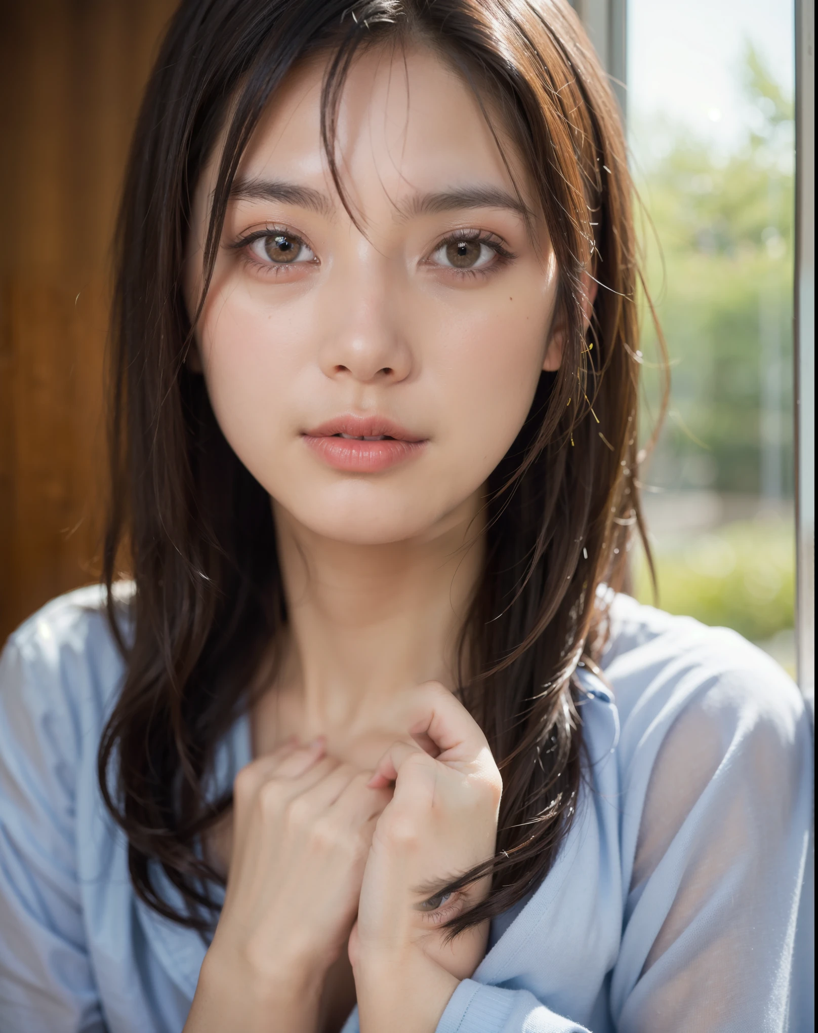 (8K, Raw photo, highest quality, High resolution:1.1), (hyperrealistic:1.4),(realistic, photorealistic:1.3), soft light,realistic face,realistic body,realistic skin,masterpiece,(cute:1.8),(From above:1.2),(close:1.4),Completely naked、(beautiful breasts:0.9),(long hair,ponytail),(big:1.2),cleavage,fine black eyes,innocent eyes,droopy eyes,Watery eye,open lips,blush,good style,cinema light,film grain,close,view viewer,full body,Depth of the bounds written, blurred background,focus of the eye,young,85mm lens, f/ 1.4,professional lighting,portrait,photon mapping,radio city,Physically based rendering,Transparency,Day本の女の子,Day,Sunny,outdoor