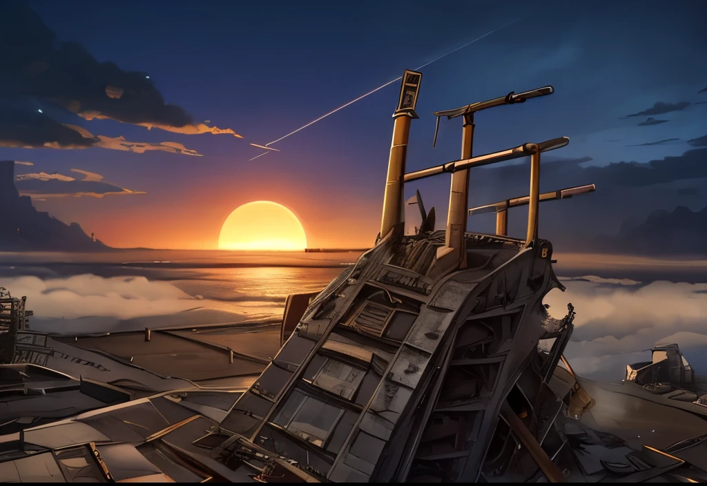 (( Soratrobo's Worldview )),(Naked women when piled up),sea of clouds, Graveyard of Air Battleships ,Twilight, Iron Rust Is Decaying,(Floating in the air),(Lots of weapon wreckage),Slam Style ,