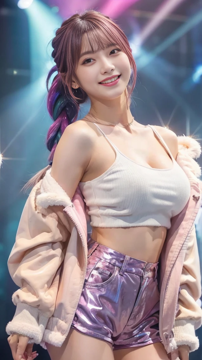 Full body ((beautiful women)) , ( cropped top well defined belly button and wrinkle skirt), clean detailed faces, intricate clothing, glowing shadows, bind messy hair, beautiful gradient, depth of field, clean image, high quality, high detail, high definition, Luminous Studio graphics engine, cute face, slim waist, nice hips, evening glow powder explosion background in pink and blue)) ((art by Tony Taka and NaPaTa. Perfect shape big breast.