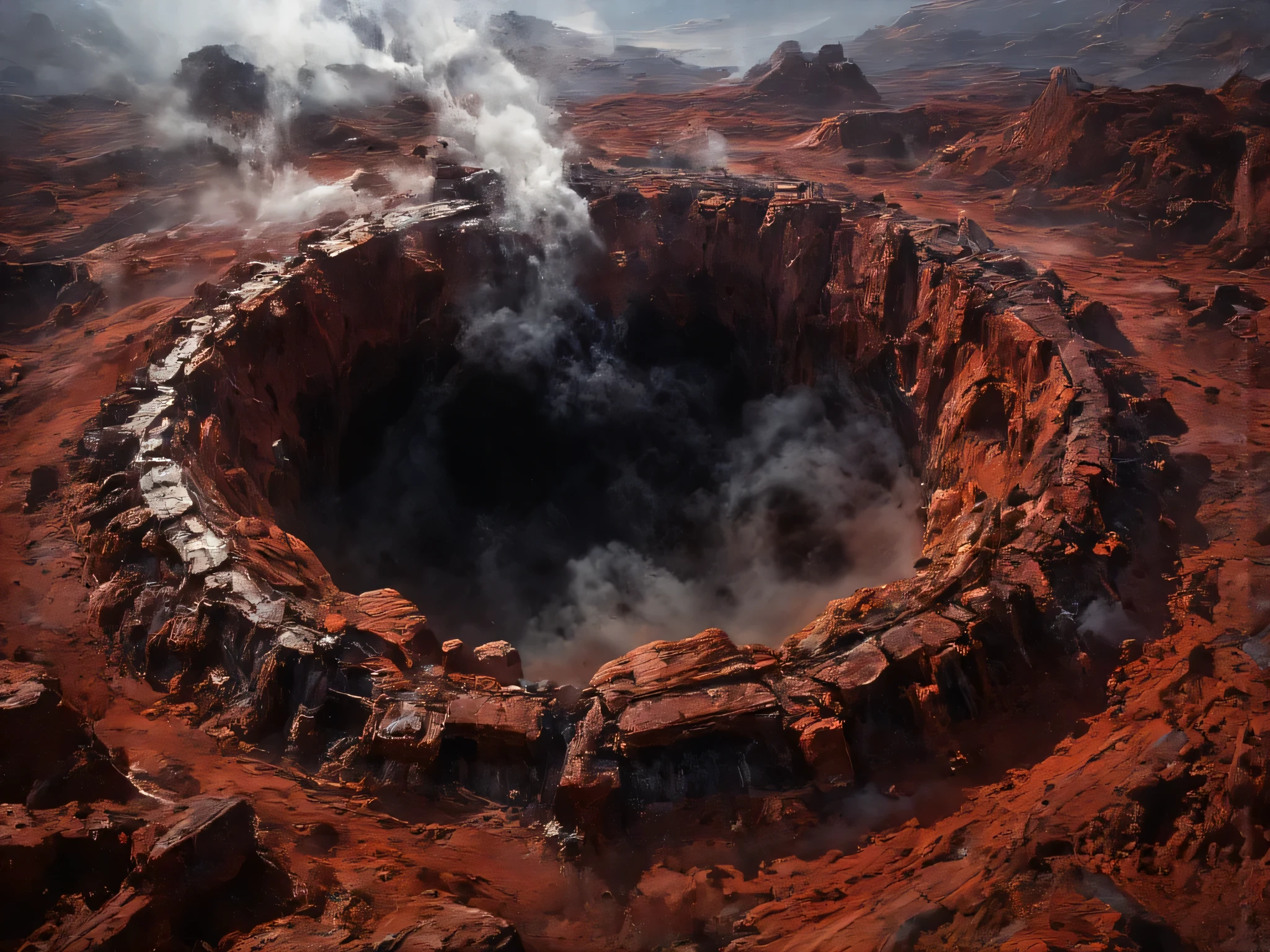  A semicircular deep hole formed on the ground., Red ground ,  with smoke coming out of the center of the deep hole ,  Deep hole ,  Hong Kong , Movies,  semicircular holes 100000 kilometers away, Precious deep hole , The terrain is missing 20 %
