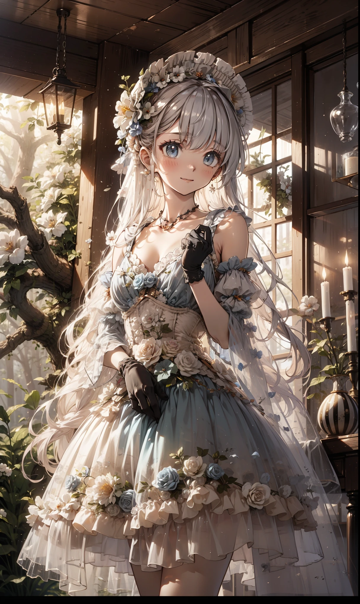 masterpiece, best quality, Super detailed in a humid forest , illustration, 极其精致 Beautiful , 1 girl, unique , Seductive Posture,flower,( Beautiful ,Large target_Chest),Giggles,ta_skirt,nature,flower园, Transparent fabric ,Lace,Puff sleeves, detailed stripes and decorations ,Long gloves,Dusk background