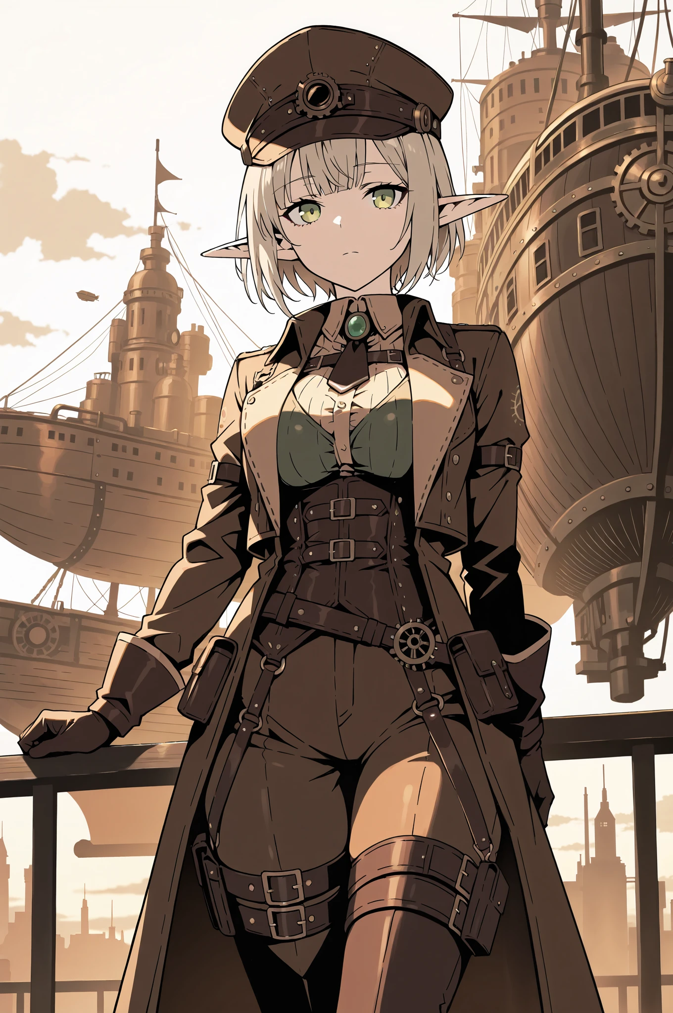 Sophisticated elf woman, ladies hat, steampunk suit, airship, muted colors, sepia filter,masterpiece, best quality, amazing quality, very aesthetic, absurdres, newest, highly detailed,high-resolution,