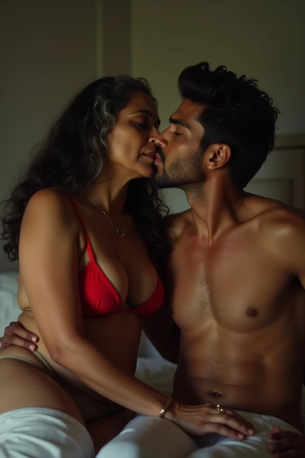 Boy kissing on Indian bhabhi breast, bhabhi on bed, open her legs, without cloth
