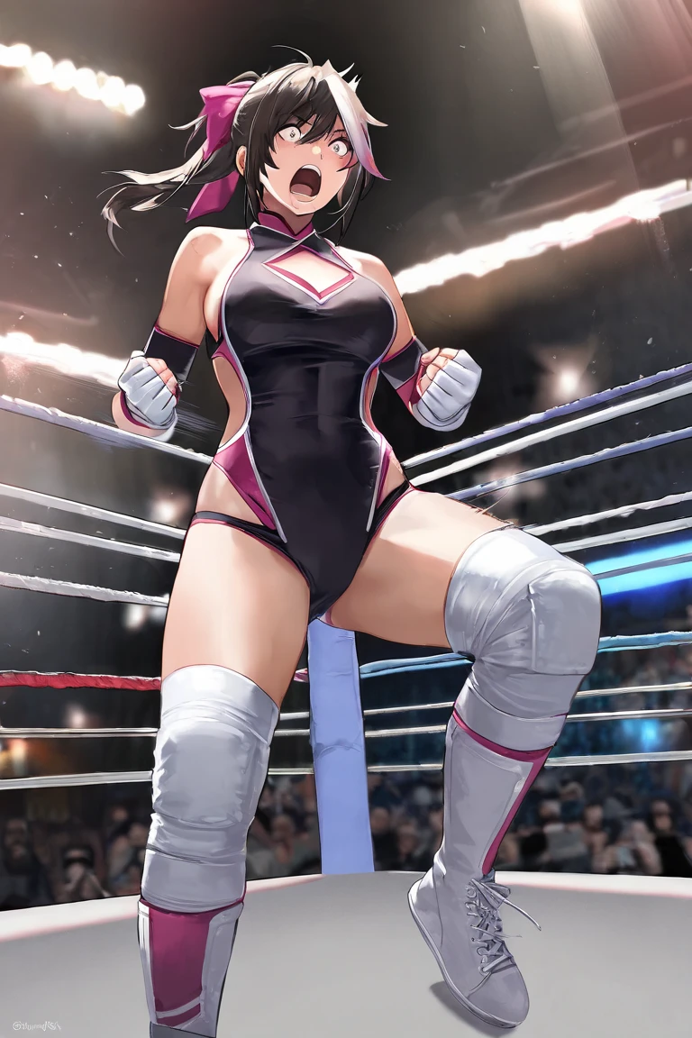 ((((masterpiece)))), (( unity 8k wallpaper, photorealistic , (( detailed face )), ((nsfw)), Female Pro Wrestler with Floating Legs,mighty yukiko,torture,torture器具の三角木馬責め,The apex of the rope,There are 3 ropes stretched on all sides of ,Punishment by my boyfriend