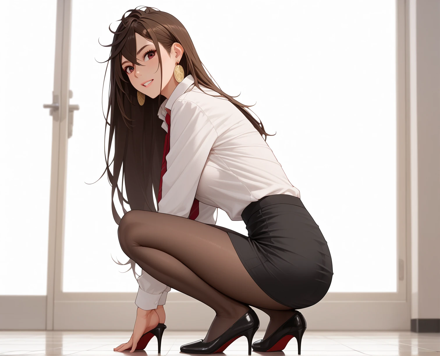 (masterpiece, best quality:1.2), detailed face, detailed eyes, elegant woman, long hair, high heeled, shiny skin, dress shirt, pants, random collar, ponytail hair, cool attitude, cool glasses, , cool, (perfect hands:1), (Neck leash 1.4) , spread legs, riped clothes