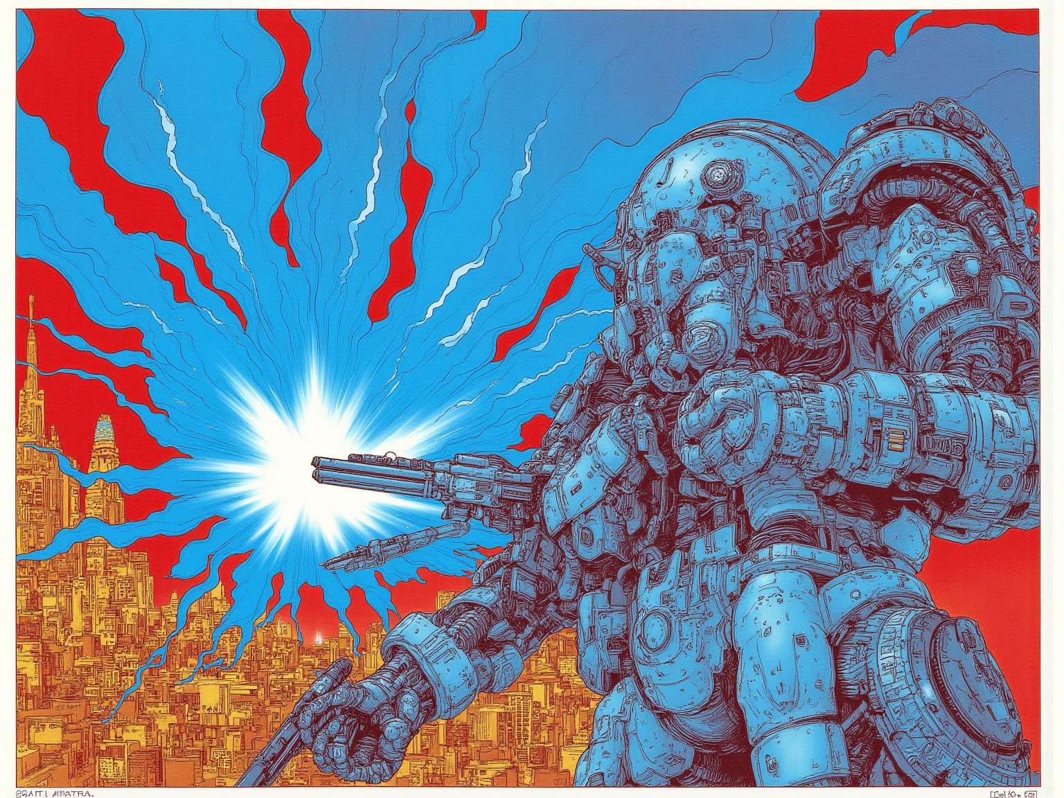  cyberpunk art inspired by Katsuhiro Otomo,Picture of a giant robot holding a gun, Inspired by Katsuhiro Otomo,  80s sci-fi manga art ,  retro sci-fi art from the 80s ,  Sci-fi Paintings  ,  mixed art masterpiece by Noriyoshi Ikeyori and Katsuhiro Otomo ,  80s sci-fi art ,  robot placed in the right half ,The left half is a city , big explosion of blue flames ,