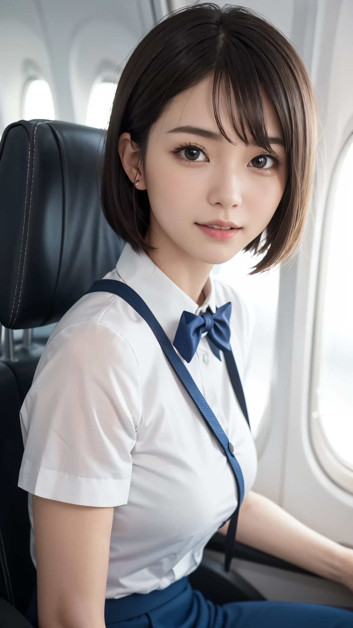 Masterpiece, One Beautiful Girl, detailed eyes, best quality , high resolution, (reality: 1.4), 3/4 upper body portrait, original photo , One Girl, Cinema Lighting, Japanese , Asian Beauties, Korean, beautiful , beautiful skin, thin, front facing body , ( super realistic), ( high resolution), (8K), ( very detailed), ( best illustrations), (detailed eyes), ( Ultra Details), staring at the audience , sitting, looks straight ahead, Neat Clothing, Sleeveless、bowlcut hair, swept bangs, white background、Clean Room、stewardess uniform、In-flight、 pantyhose、Laughter、 Clothes are too tight , slim thighs, beautiful pantie