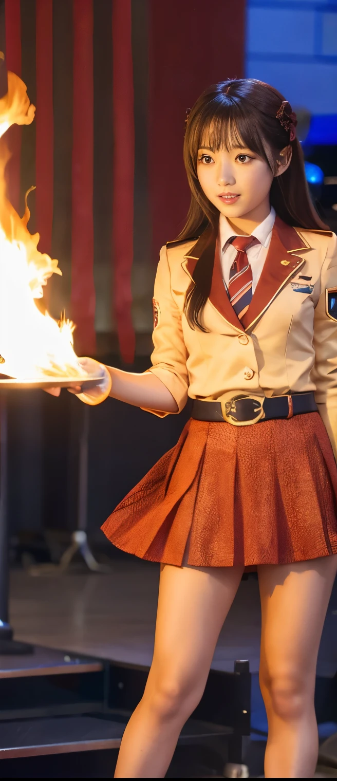 Flaming Fire Idol Girl(Burning Hair )、A pure girl's face、Tanned Thick Legs 、fire print shiny orange uniform、Rising Flame、flame belt